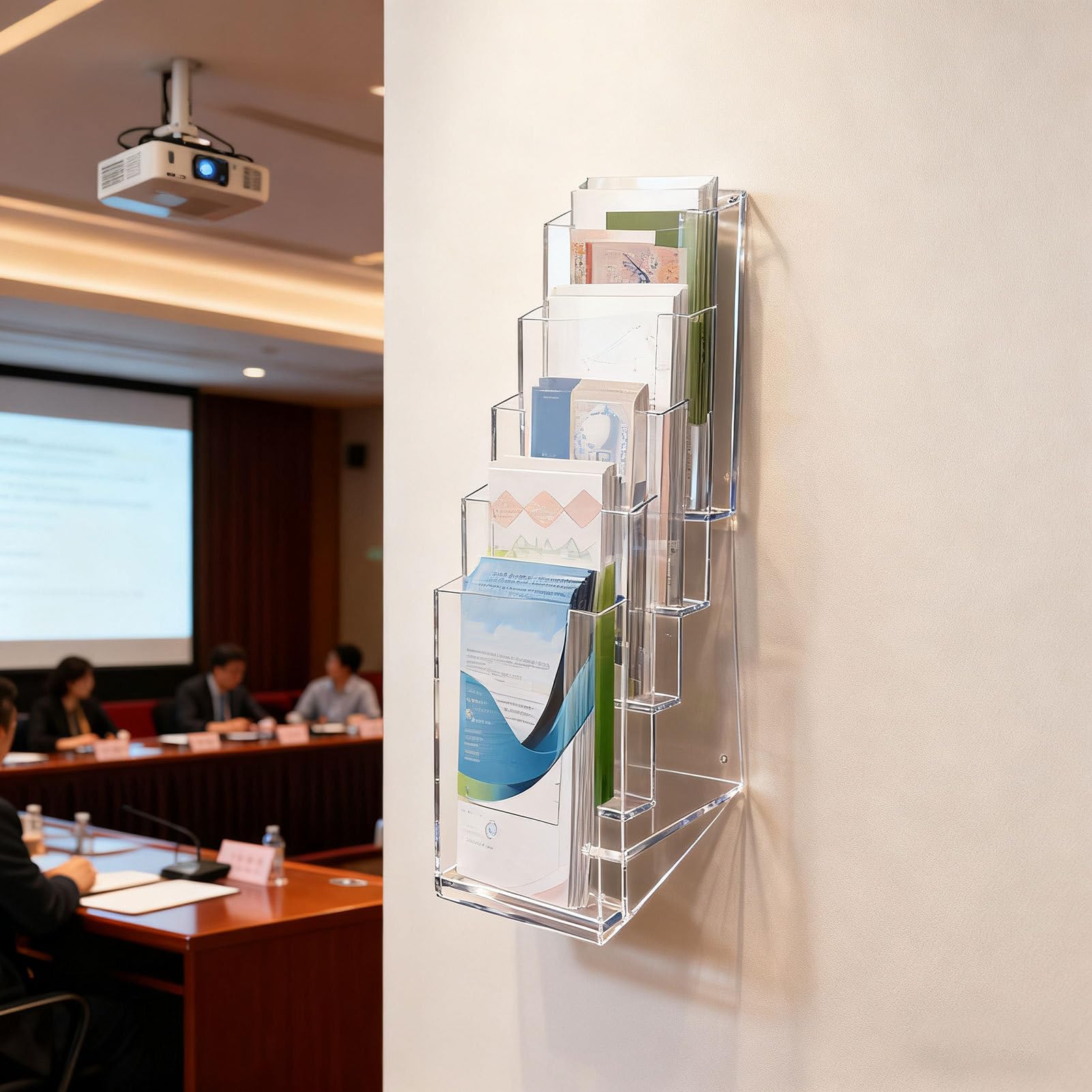 Generico Prospekthalter | Prospektständer | freistehender Prospektständer für Prospekte, transparenter Schreibtisch an der Wand montiert, Trennrahmen für 2 Visitenkarten für Bankons
