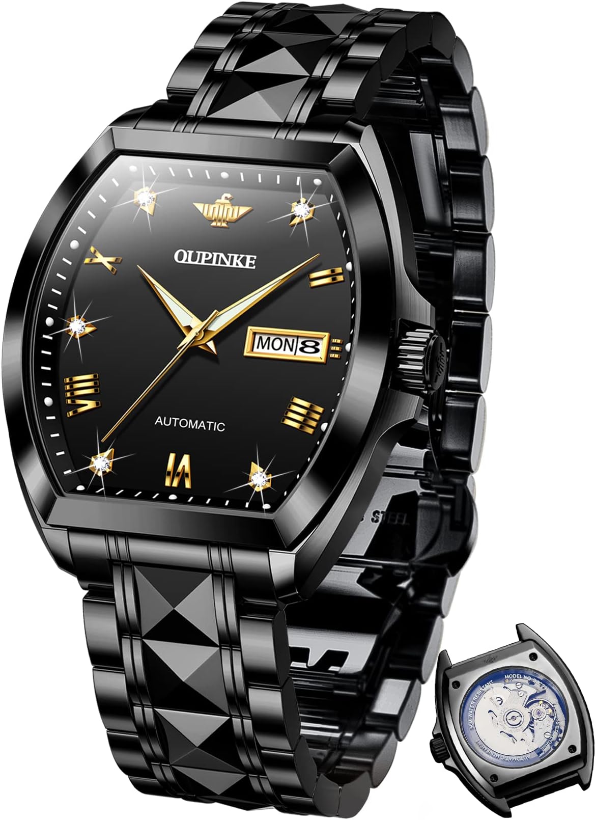 OUPINKE Mens Automatic Watches Luxury Self Winding Mechanical Tonneau Diamond Business Dress Wrist Watches Sapphire Crystal Tungsten Steel Waterproof Luminous