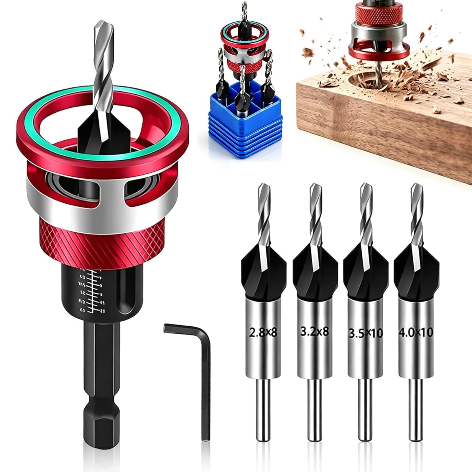 6PCS Countersink Drill Bits Set with 4PCS Four-Flute HSS M2 Tapered Drill Bits and Adjustable Depth Stop Collar, 82 Degree Screw Quick Change Countersunk Drill Bit Set with Wrench for Woodworking DIY