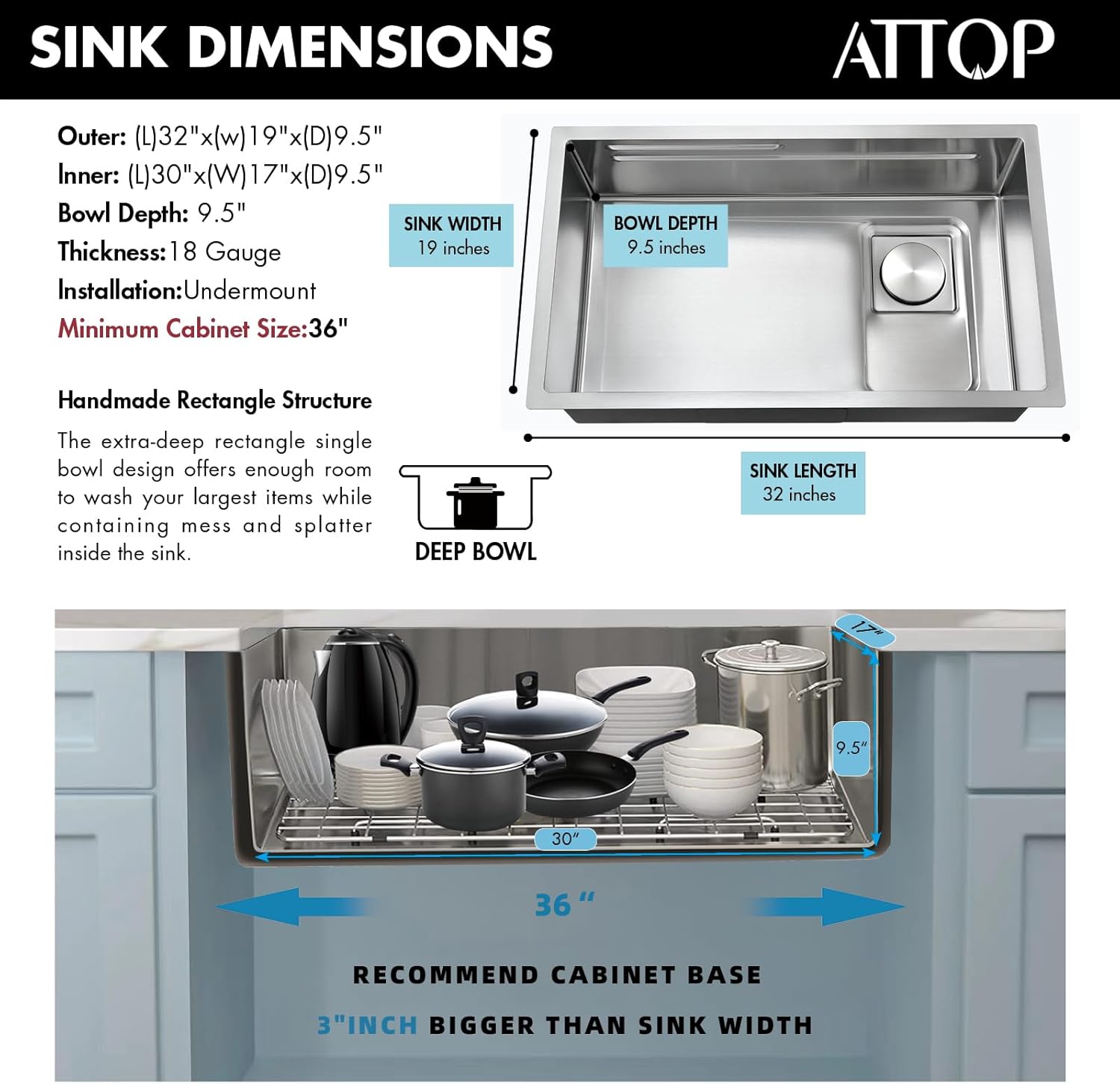 ATTOP 32 Inch Undermount Kitchen Sink With Faucet,Workstation Kitchen Sink Undermount,Stainless Steel Large Single Bowl Sink