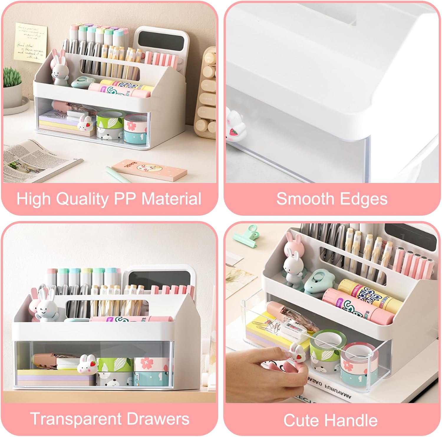 SAYEEC Desk Organizer with Drawer Multi-Functional Makeup Organizer with Handle 7 Compartments Pencil Pen Holder Small Desktop Storage Box Desk Accessories Caddy for Office Home Art Supplies (White) image 3