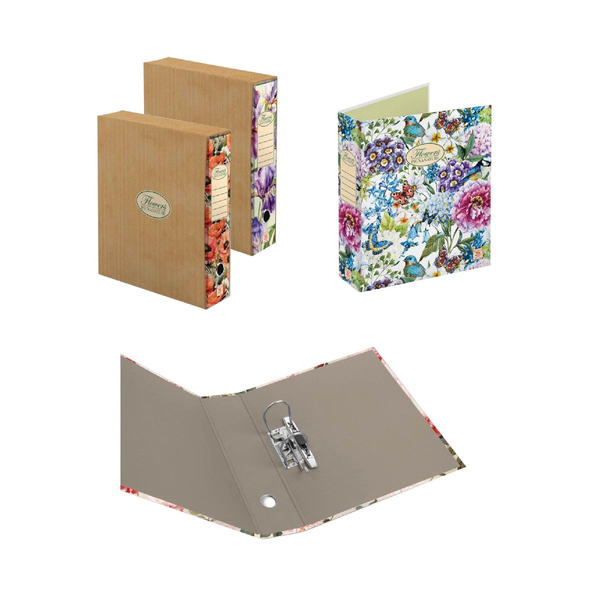 Pigna, Set of 3 Lever Arch Files, Format 28.5 x 33.5 cm, Spine Width 8 cm, with Case, Nature Flowers, 3 Different Designs
