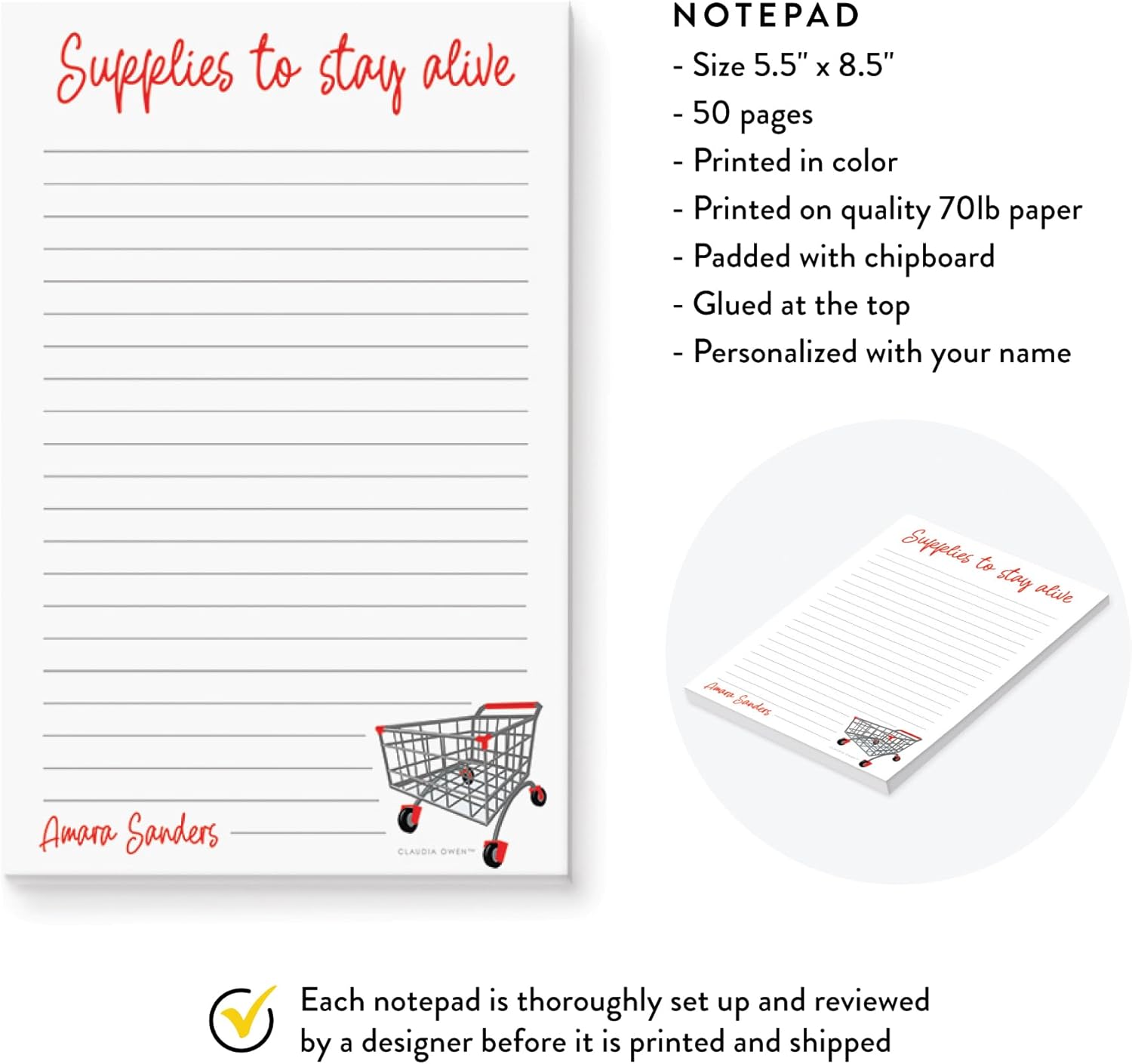 Supplies To Stay Alive Notepad Personalized, Funny Grocery List for Mom Dad Women Friends, Custom Shopping To Do List Pad Size 5.5 x 8.5 Inches, 50 Sheets