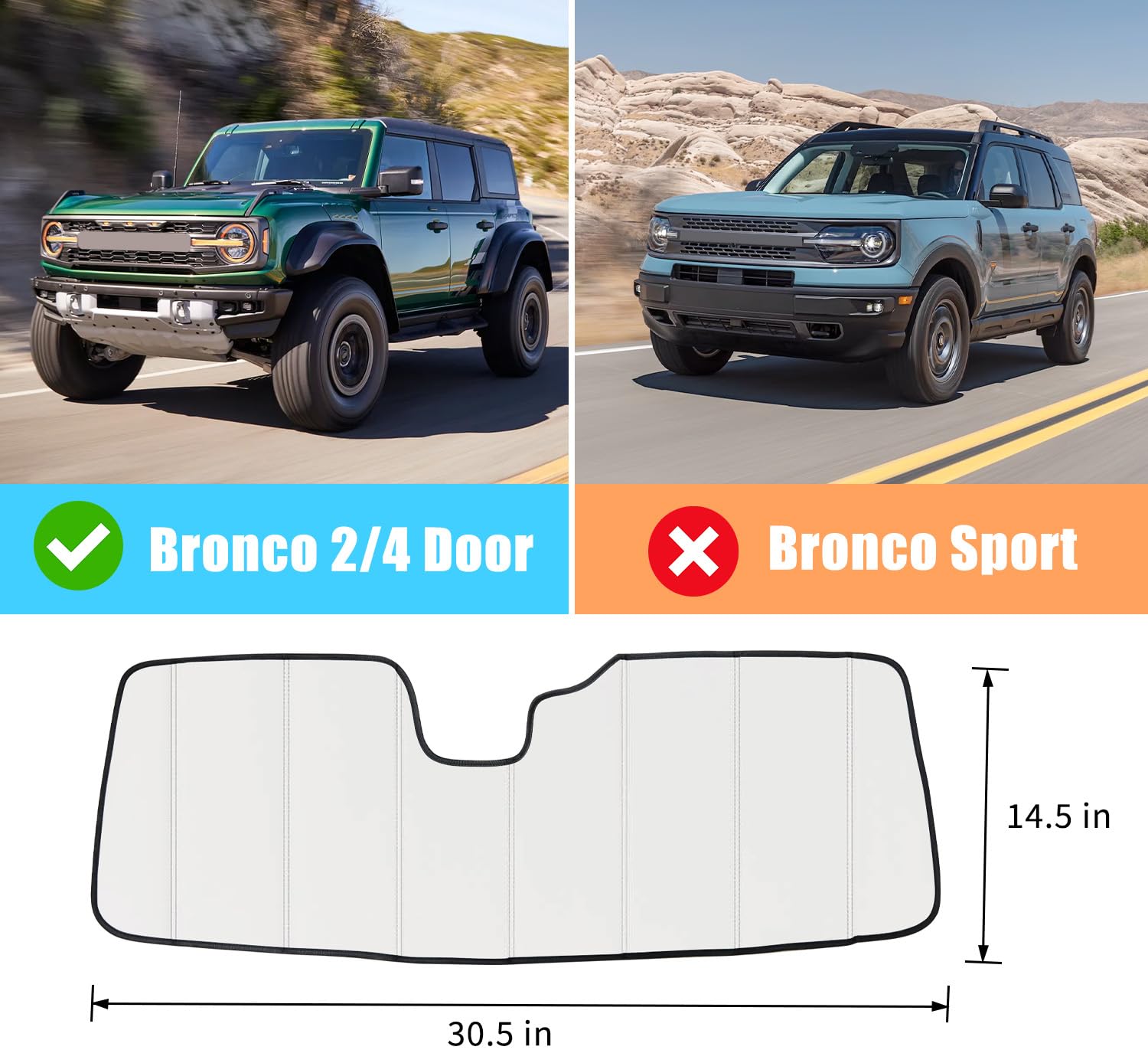 Windschutzscheiben-Sonnenschutz, kompatibel mit Ford Bronco Zubehör 2021-2025, Frontscheiben-Sonnenschutz, faltbar, Sonnenblende, schützt UV-Strahlen