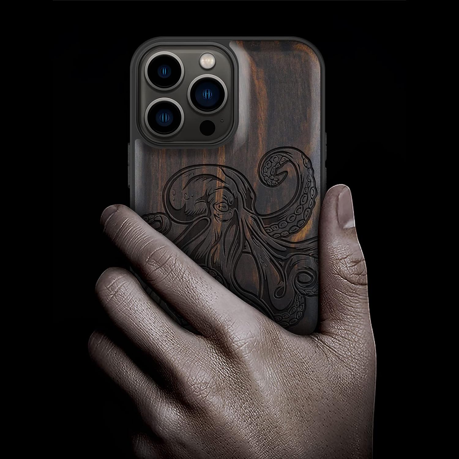 Carveit Magnetic Wood Case for iPhone 13 Pro Max [Natural Wood & Black Soft TPU] Unique & Classy Wooden Shockproof Protective Cover Compatible with MagSafe (Octopus Drawing -Blackwood)