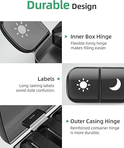 Miniatura 4 de PULIV Pastillero semanal extra grande 2 veces al día, pastillero abierto de un lado 7 días para un fácil llenado, protección de privacidad negro AM