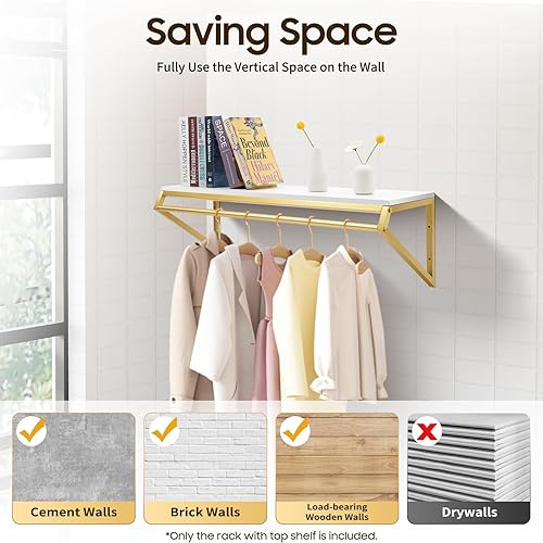 Miniatura 4 de Perchero con estante superior, tienda de ropa moderna y simple, soporte de exhibición de metal y madera resistente para colgar ropa de pared,