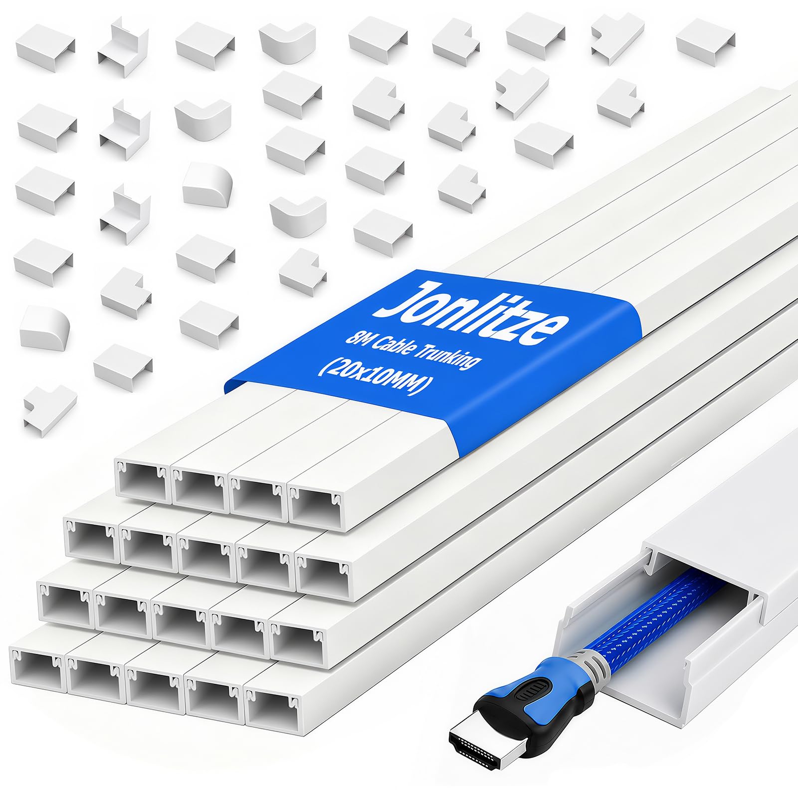 8m Cable Trunking Kit, 20 x 10mm Trunking for Electric Cables, Cable Cover Wire Hiders for Wall, Cable Management to Hide Wall Mount TV Powers Cords in Home Office (White, 40cm x 20mm x 10mm | 8m)
