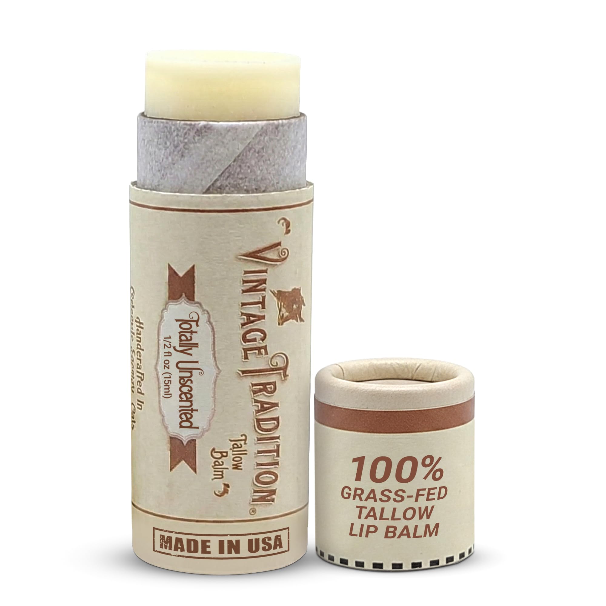 Vintage Tradition Moisturizing Beef Tallow Lip Balm – Unscented Tube Lip Moisturizer for Sensitive Skin Hydrates & Soothes Dry Lips – Grass-Fed Tallow Balm for Skin Care , 0.5 Fl. Oz.
