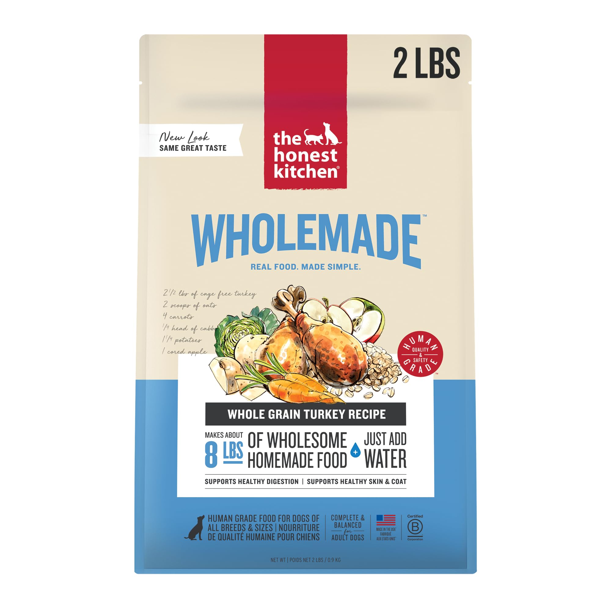 the honest kitchen human grade wholemade™ dehydrated whole grain turkey dog food - complete & balanced meal or topper - 2 lb bag