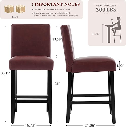 Miniatura 2 de Juego de 3 taburetes de bar de piel sintética de 26 pulgadas, modernas sillas de bar tapizadas con respaldo, taburetes de bar con patas de madera