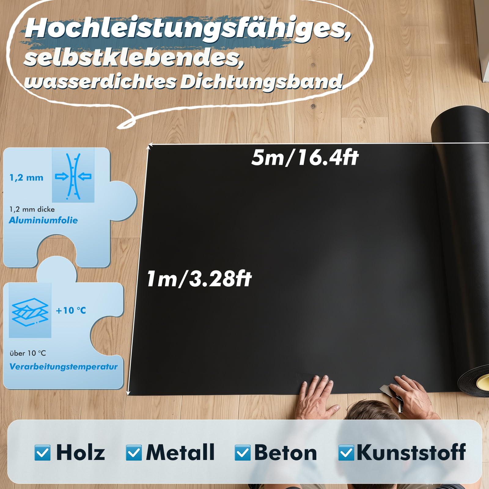 1 x 5M Dachfolie Aluminium, 5㎡ Bitumenkleber Selbstklebend Dachbahn für Gartenhäuser, Carports und Schuppen,– UV Beständig & Wasserdicht (Schwarz)