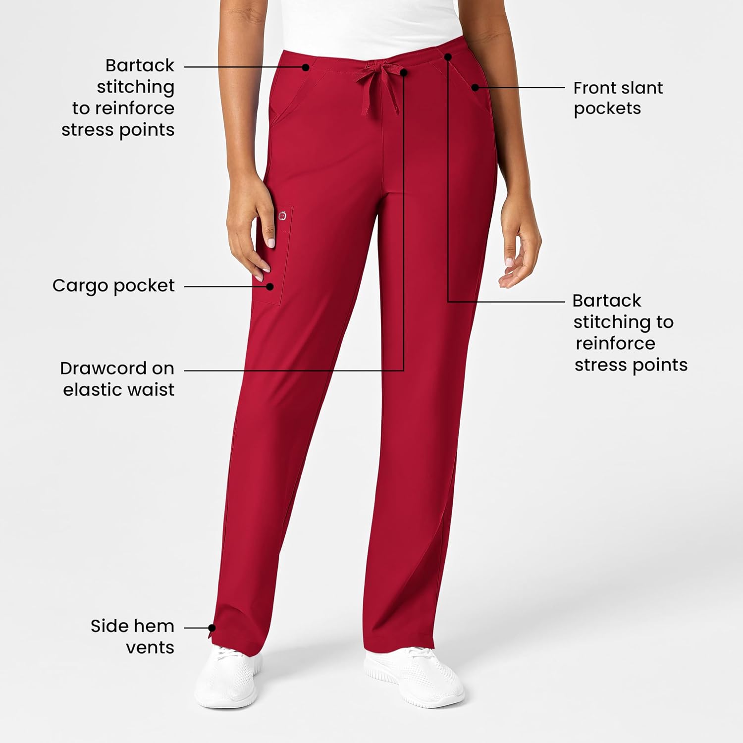 WonderWink W123 Women’s Drawstring Scrub Pant — Red, Medium Tall
