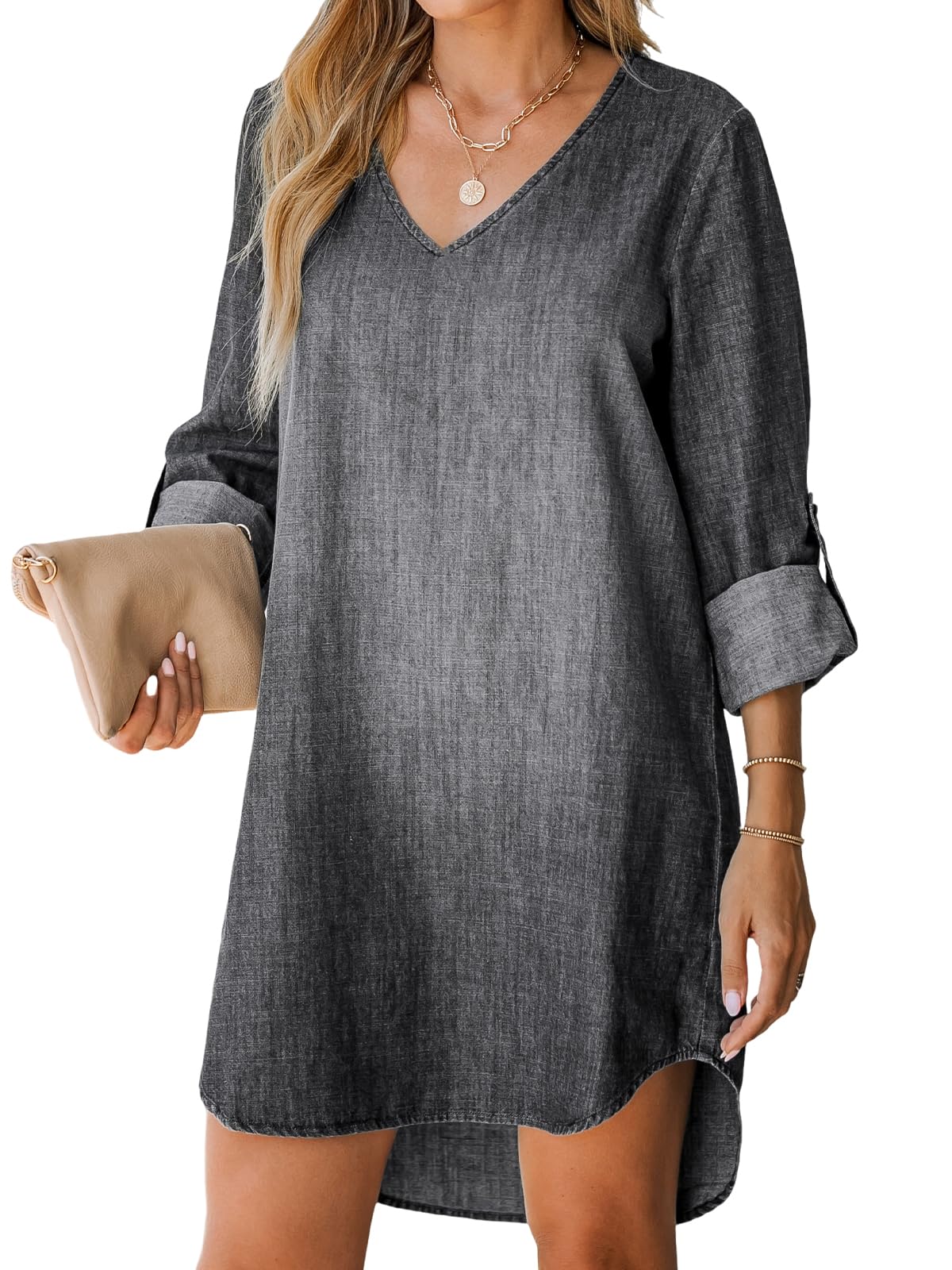 CUPSHE Women's Dress V Neck Long Sleeve Roll Cuffs Asymmetrical Jeans Mini Dress Casual Dresses Tunic Denim Shirt Dress
