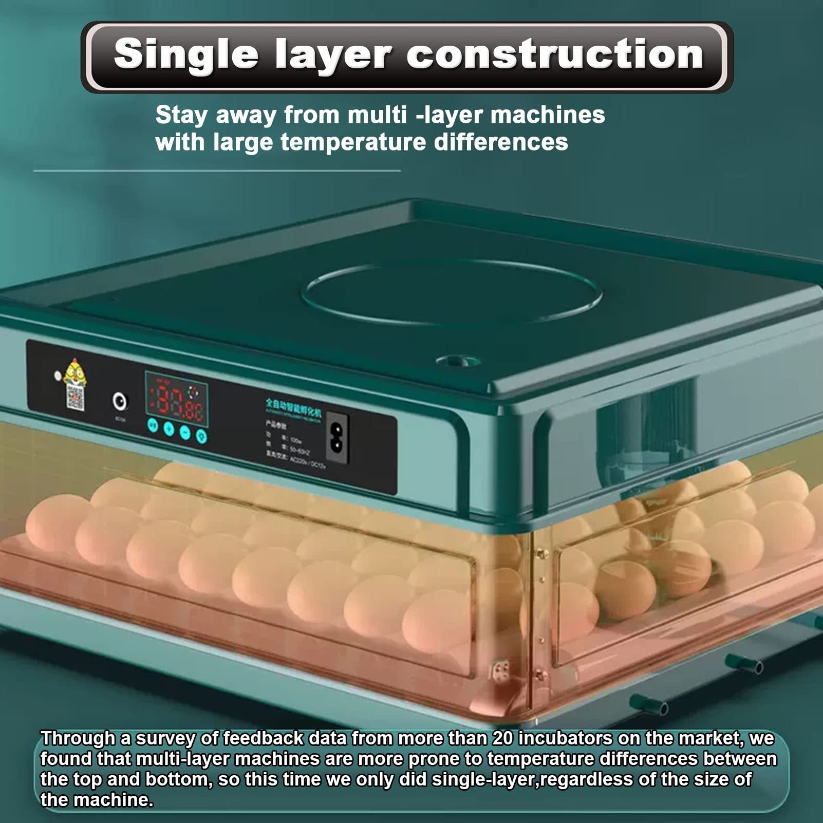 Incubadora de Huevos 48/56/64/98/120/128 Totalmente automática para Pollitos con volteador automático y adición de Agua. Ideal para incubar Huevos de gallina, Pato, Ganso y Paloma.
