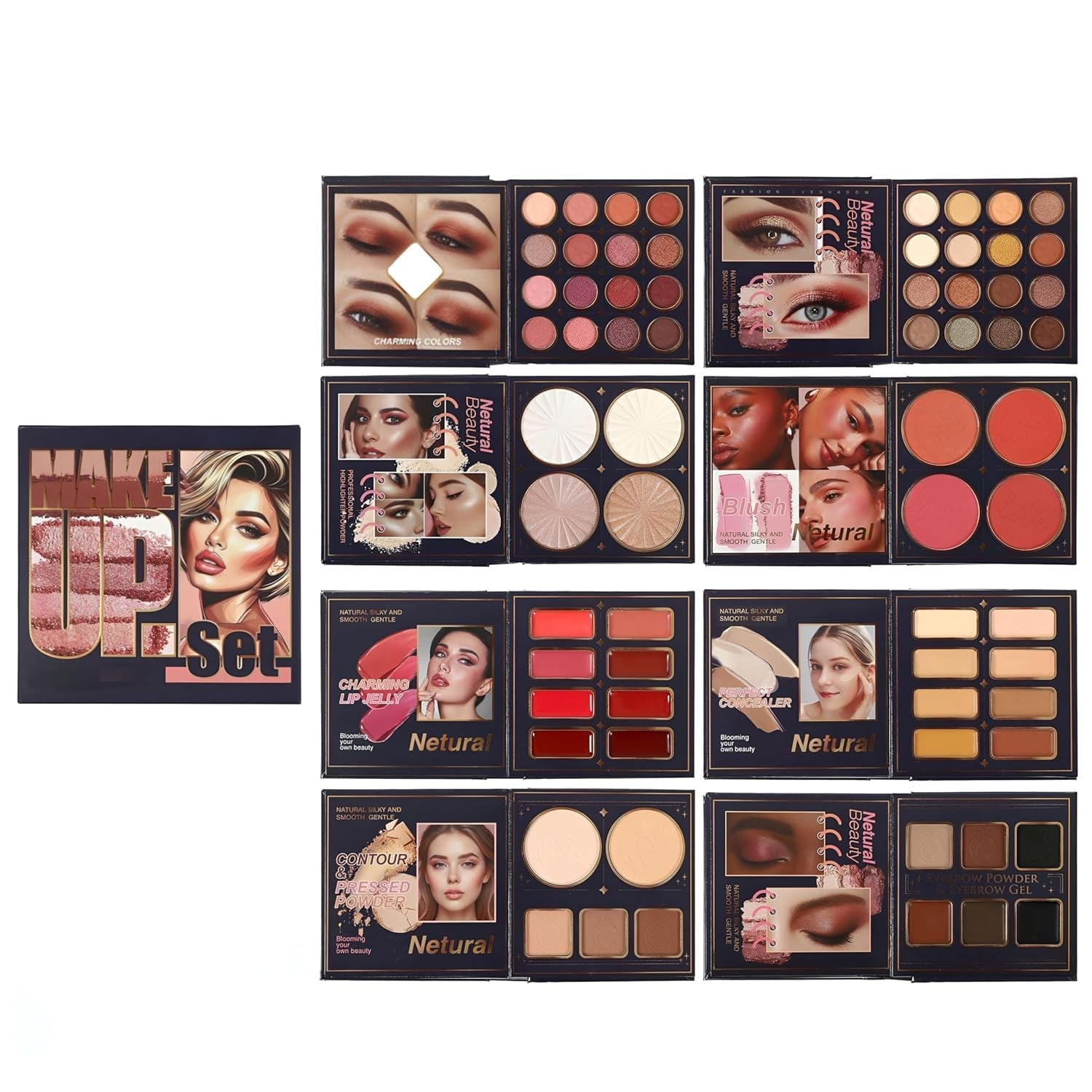 All in One Makeup Book Kit for Women | 8-Page Professional Makeup Palette with 32 Nude Matte & Shimmer Eyeshadows, Blush, Highlighter, Contour, Gel Lip & Concealer Shades | Full Face Makeup Kit Book 8 in1-image-21