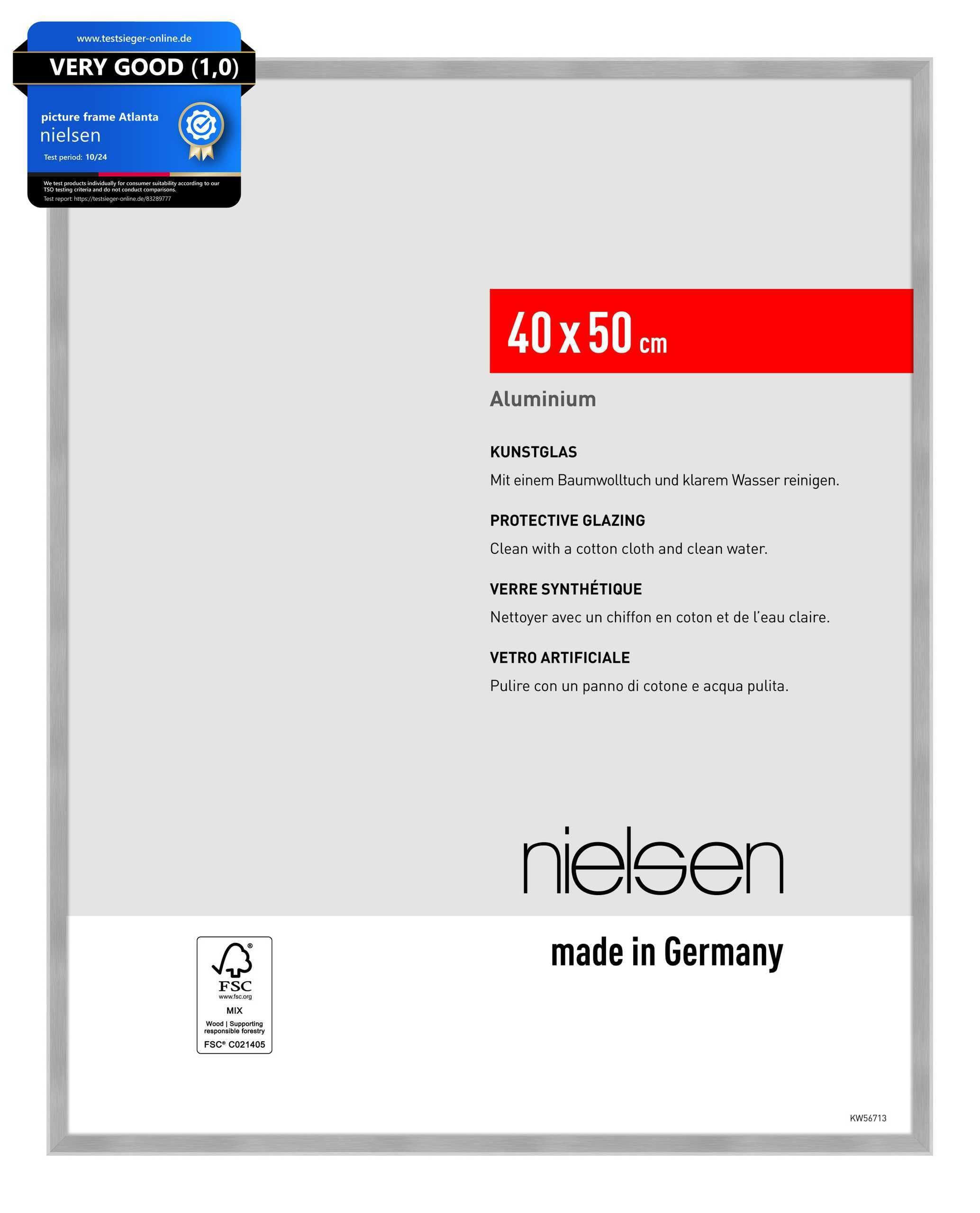 nielsen Atlanta Aluminium Picture Frame - Brushed Silver 40x50cm - with Synthetic Glass and Push-Turn Clips