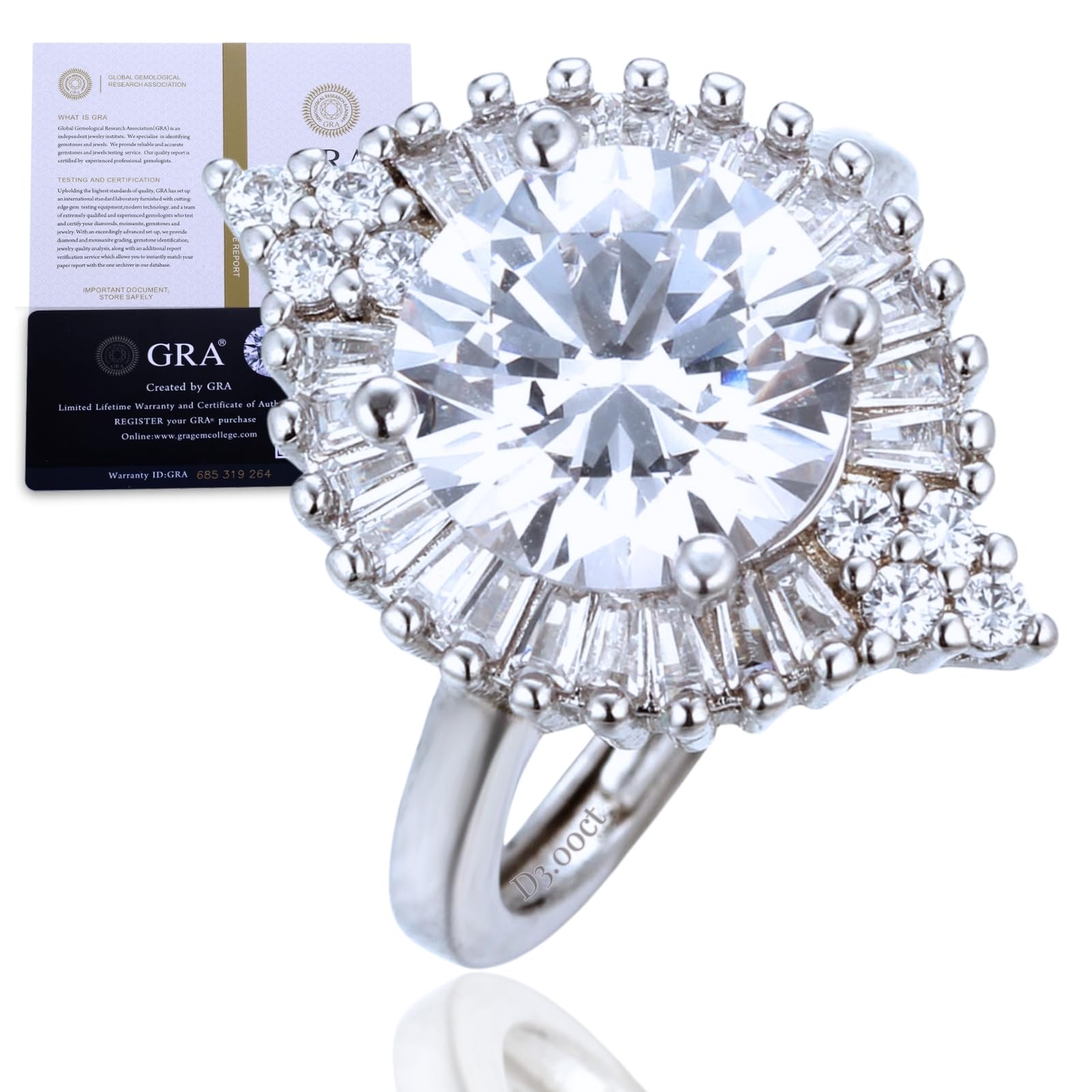 HALUKAKAH Anillo para Mujer con Moissanita D3,0 ct Plata de Ley 925 Baño en Platino con Certificado,Diamantes de Laboratorio Etéreos en Redondo Engaste Garras,para Compromisos,Bodas,Talla Ajustable