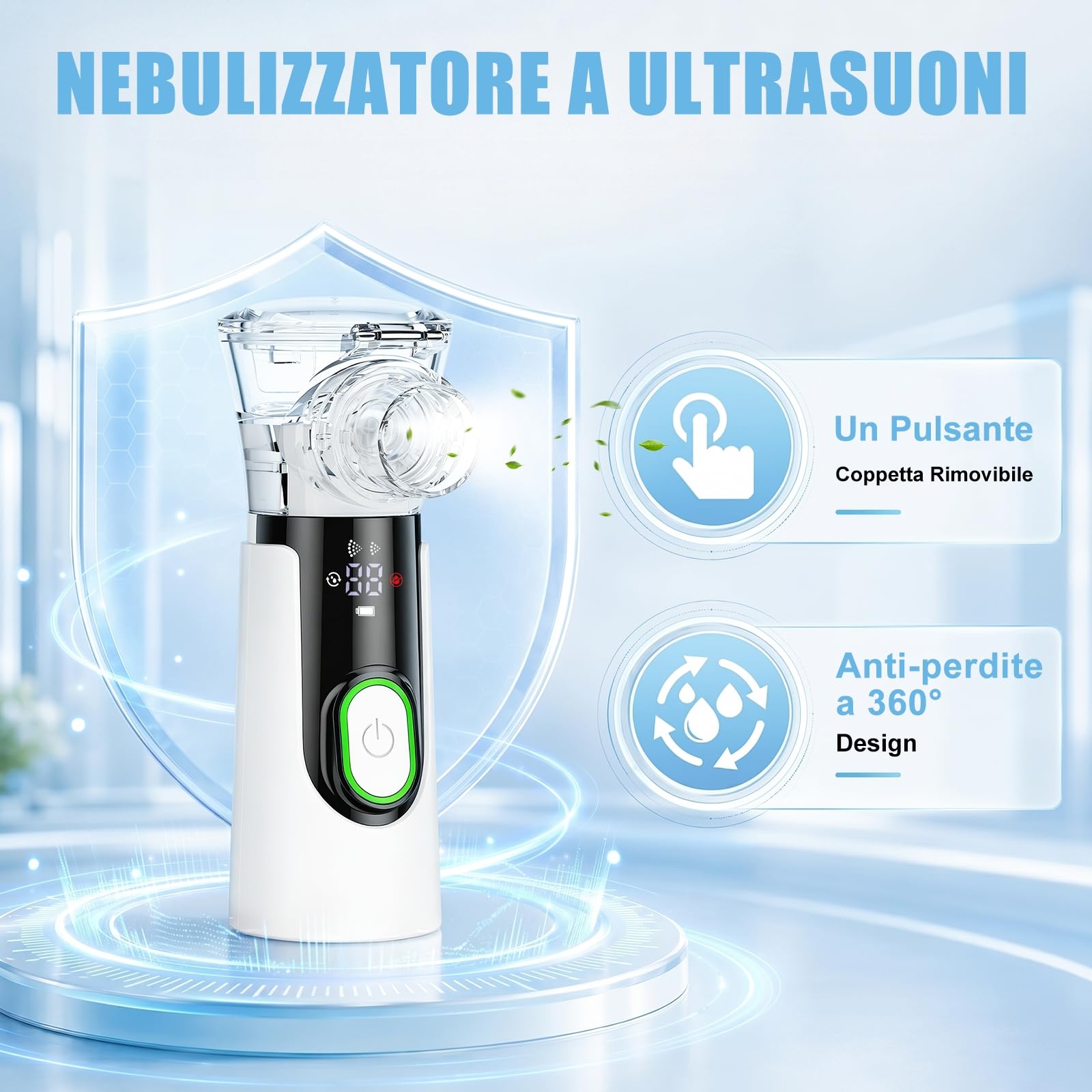 Mistara Aerosol Portatile Silenzioso con Display LED, Auto-Pulizia e USB-C | Per Adulti e Bambini, Macchina Aerosol con Timer Digitale, Mesh ≤5μm, 2 Modalità 10/20 Min, Maschere e Boccaglio Inclusi