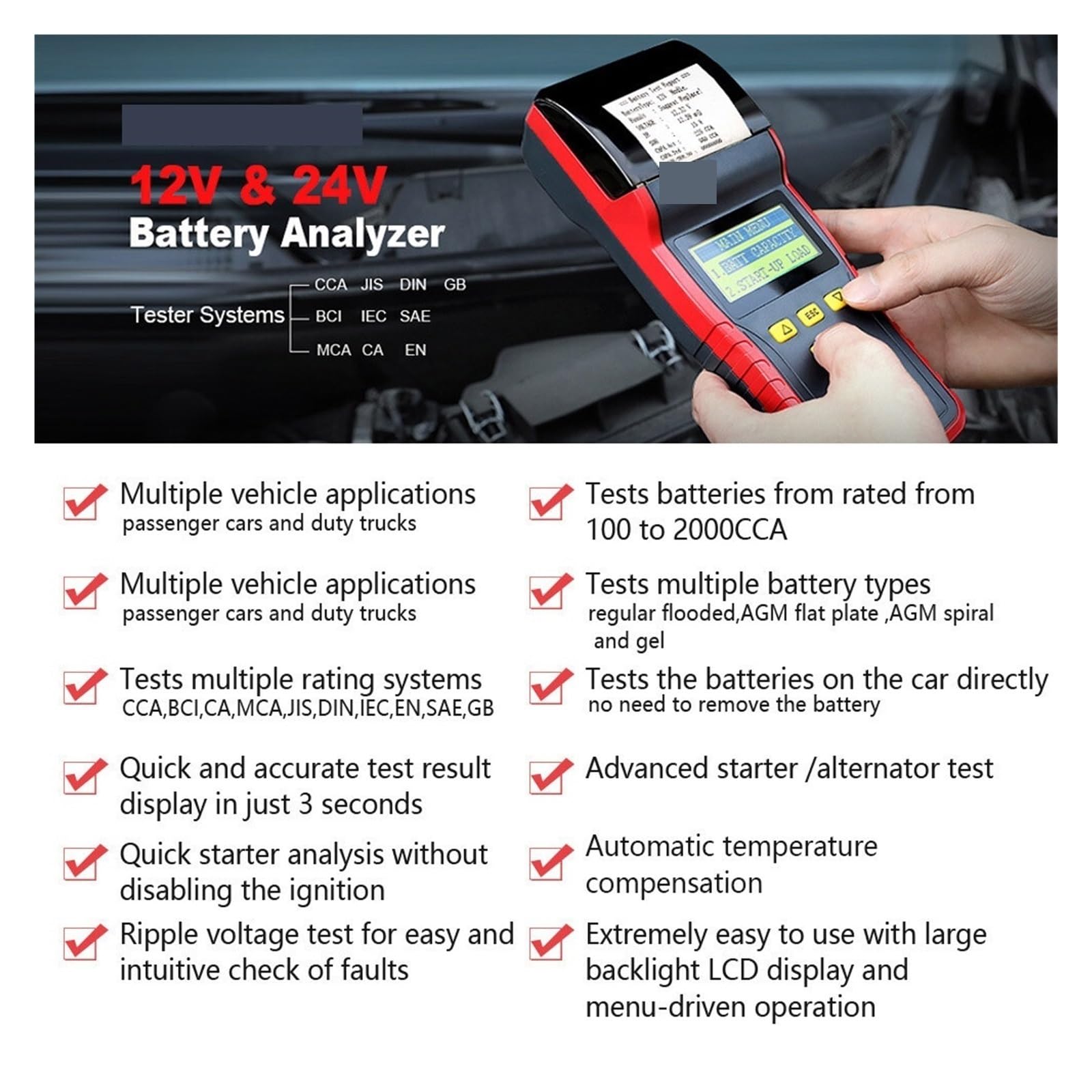 Tester Batteria Auto 12V 24V Analizzatore Camion Pesante MCA100 A 2000 CCA Strumento Diagnostico For Autoveicoli Rilevamento Rapido Accurato