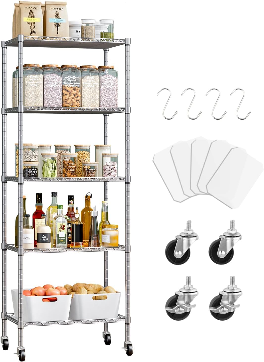 5 Tier Shelving Unit Adjustable Storage Shelf Metal Storage Rack Wire Storage Shelves 16.5" L x 11.8" W x 59" H for Pantry Closet Kitchen Laundry (Silver)