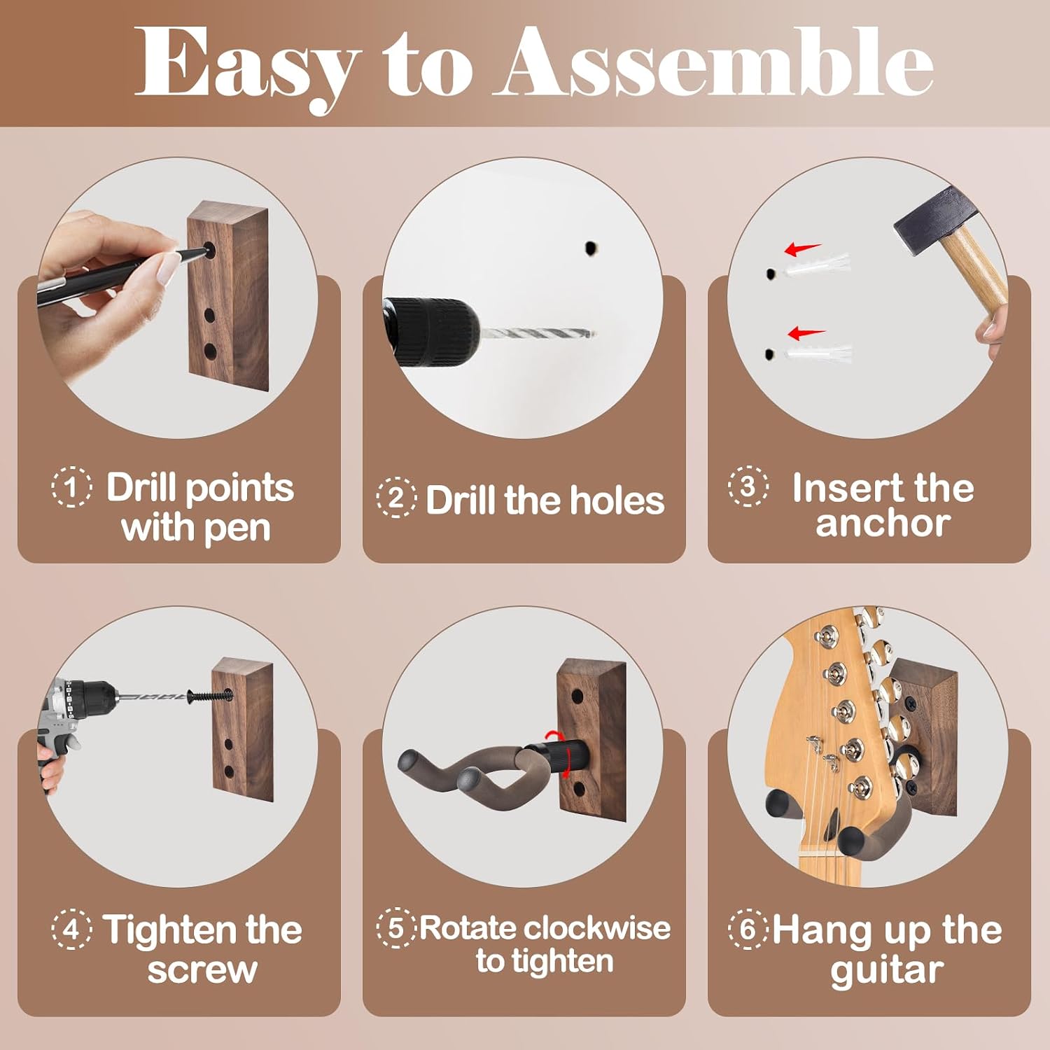 DOMMI Guitar Wall Mount 4 Pack, Guitar Holder with Rotatable Soft Guitar Hook for All Size Guitars, Hardwood U-Shaped Guitar Hanger Wall Mount for Acoustic, Electric Guitar, Bass, Black Walnut