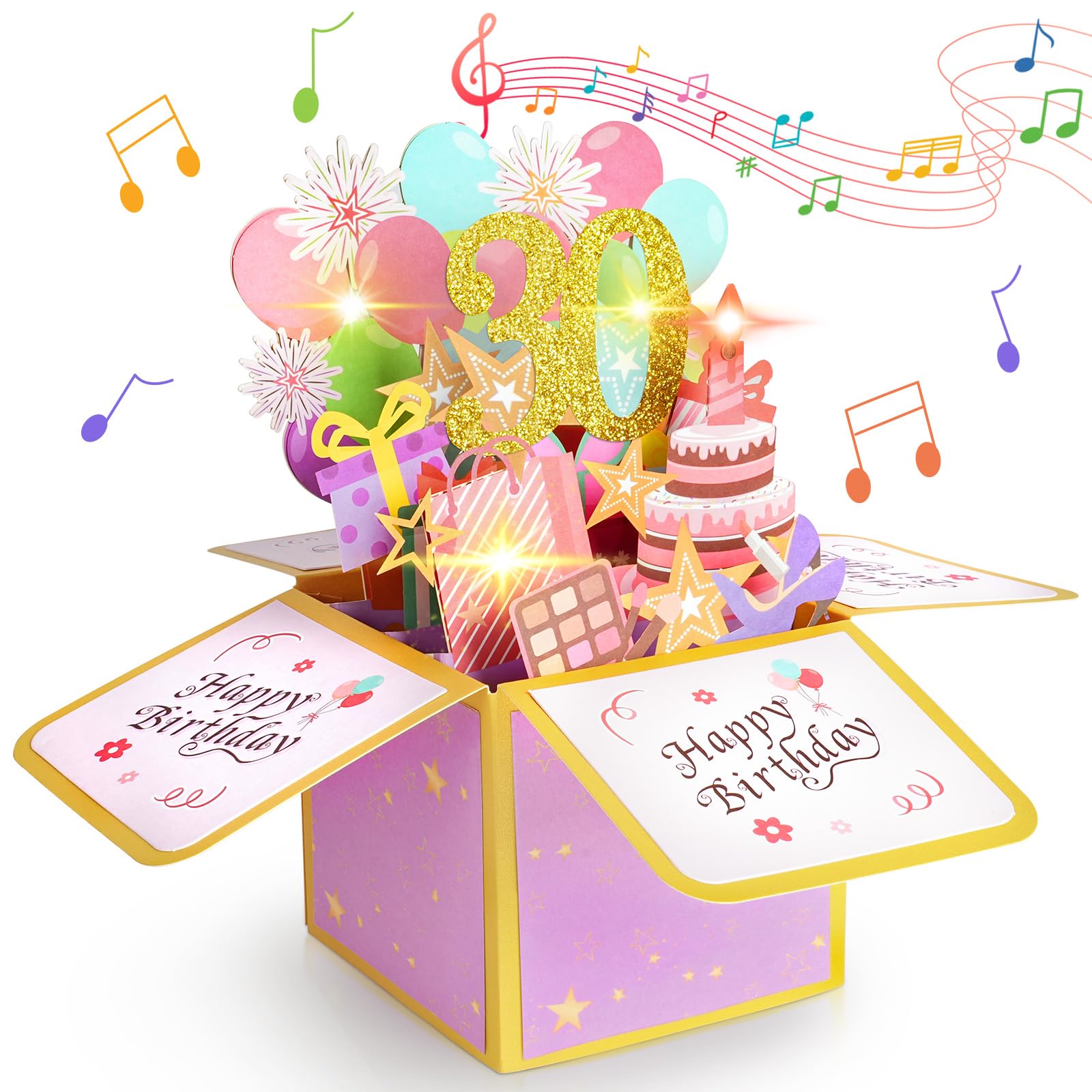 Vicloon Pop-up Birthday Gift Greeting Cards Box, 30th Birthday 3D Pop-Up Musical Greeting Cards with Envelope, Cool Pop up Birthdays Card with LED Blowable Candle and Lights, Gifts for Women Men
