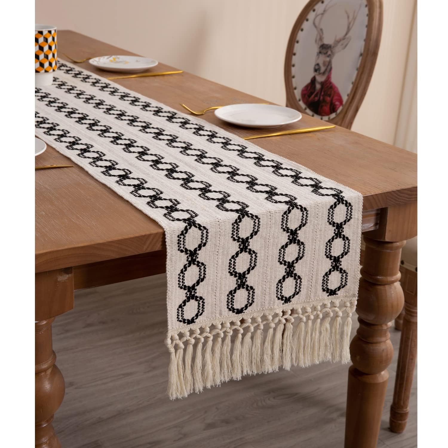 TERRIFI Farmhouse Table Runners 72 Inches Long Braided Stripe Boho Design,Black and White with Tassels - Perfect for Dining, Coffee, and End Tables (13x72)