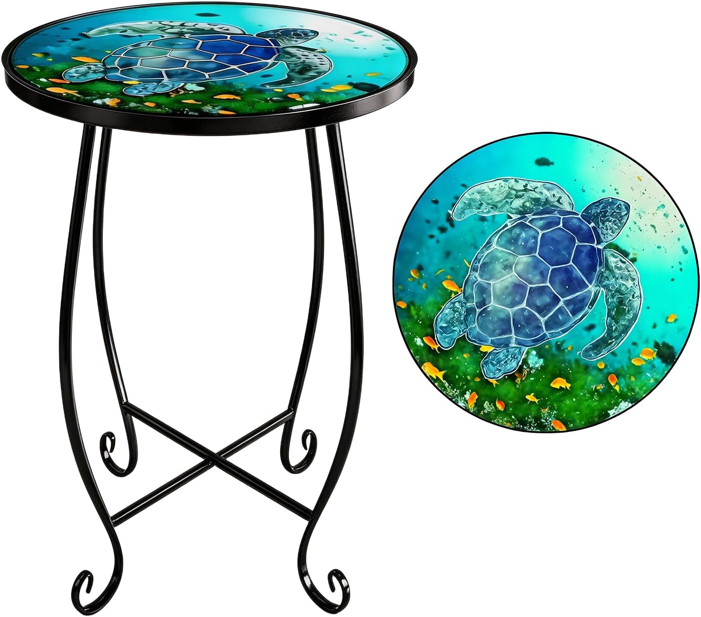 15 Inch Tall Outdoor Patio Table, Foldable Metal Turtle Table with Mosaic Design, Shatterproof Small Patio Table for Balcony Porch, Rust Resistant Mosaic Outdoor Side Table Style