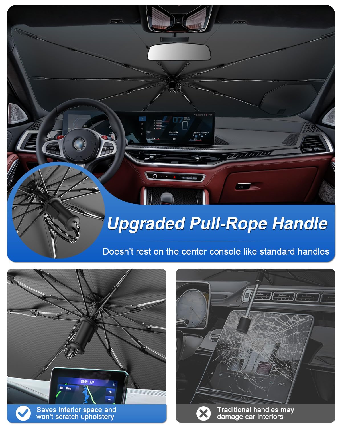 SHAOHAO Compatibile con BMW X5 G05 /X6 G06 /X7 G07 2018-2026 Parasole per auto Parasole per parabrezza Facile da riporre Maniglia con cordino Protezione UV Accessori parasole