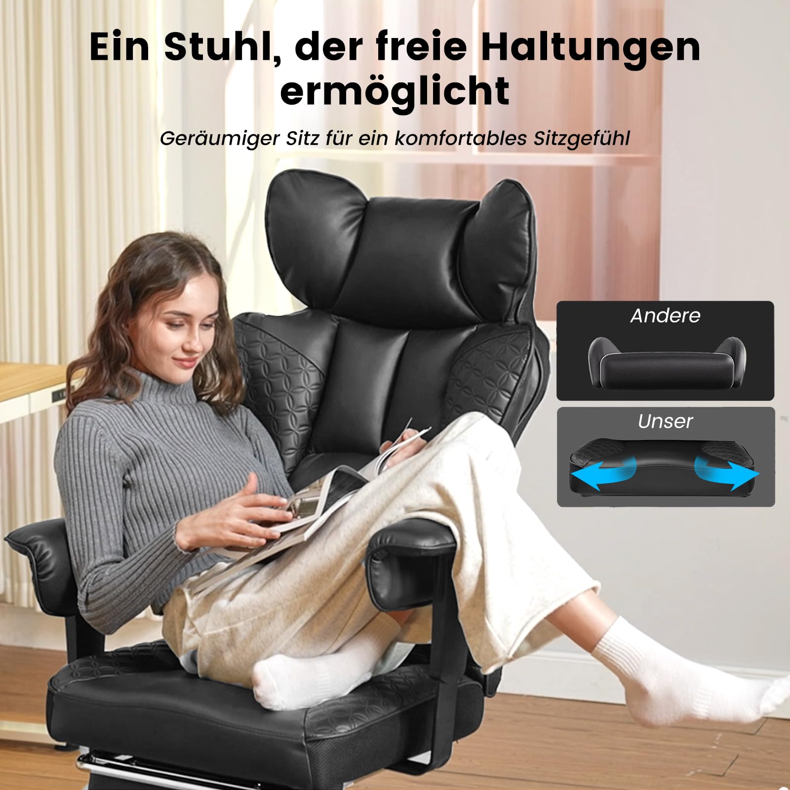 COMHOMA Gaming Stuhl, ergonomischer Bürostuhl, Schreibtischstuhl mit verstellbare Armlehnen, Taschenfederkern-Lendenwirbelstütze für große und hohe Personen, 180 kg, breiter Sitzfläche, schwarz