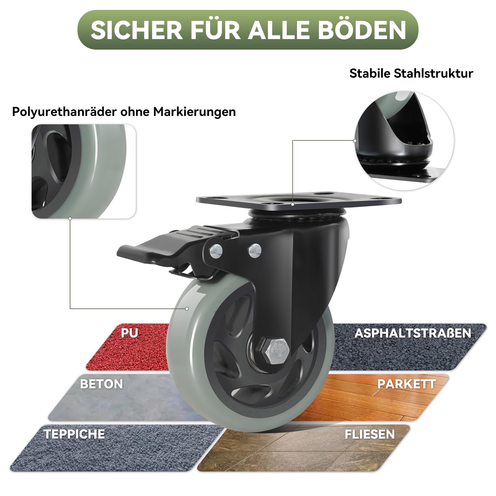 100mm Graue Schwerlastrollen - 4er Set Lenkrollen mit Bremsen bis 600KG inkl. Montagezubehör Möbelrollen für Innen- und Außenbereich - Rollen für Möbel Multifunktionale Transportrollen