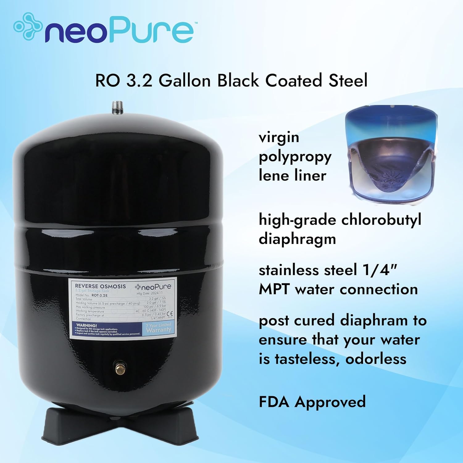Neo-Pure Reverse Osmosis Storage Tank – 3.2 Gallon Nominal Capacity, Powder-Coated Steel Tank for Under-Sink RO Systems