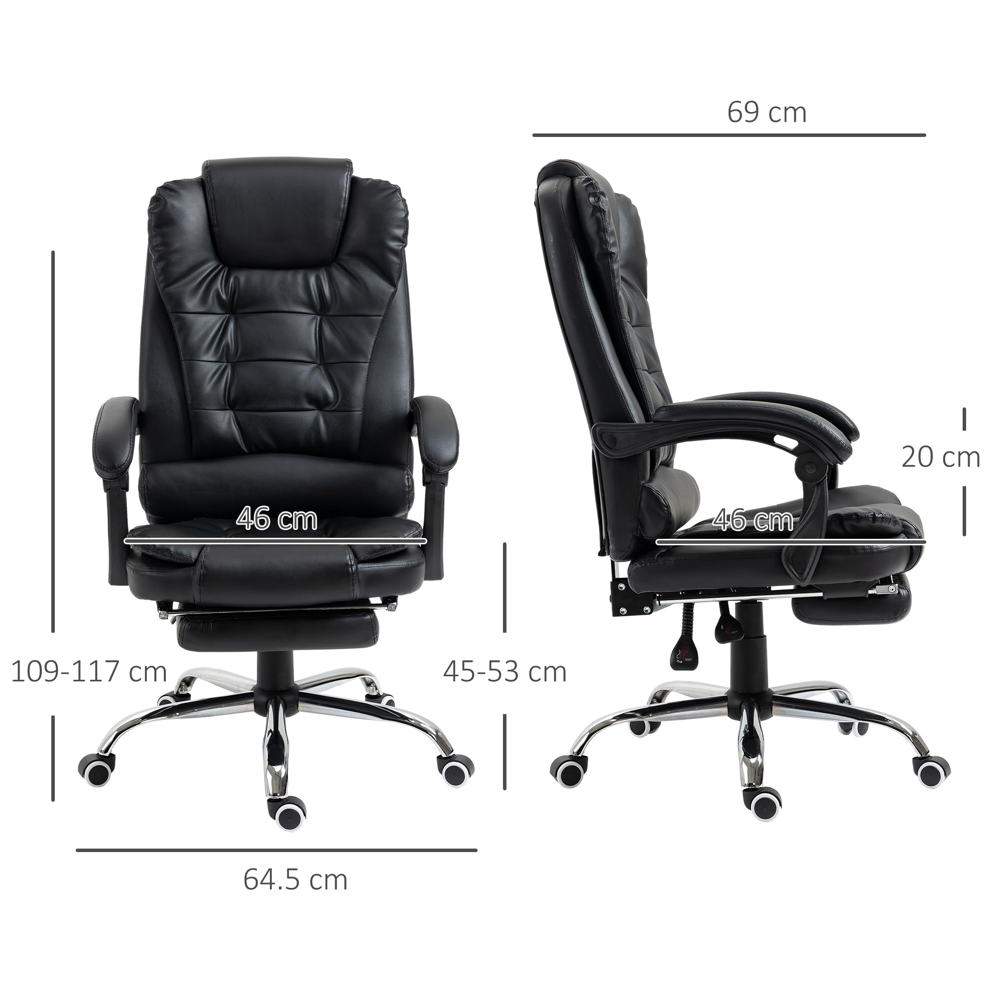 HOMCOM Sedia da Ufficio Ergonomica Presidenziale in Pelle PU con Supporto Lombare, Poltrona da Ufficio Girevole con Schienale Alto Reclinabile 145°, Altezza Regolabile e Poggiapiedi Estraibile, Nero