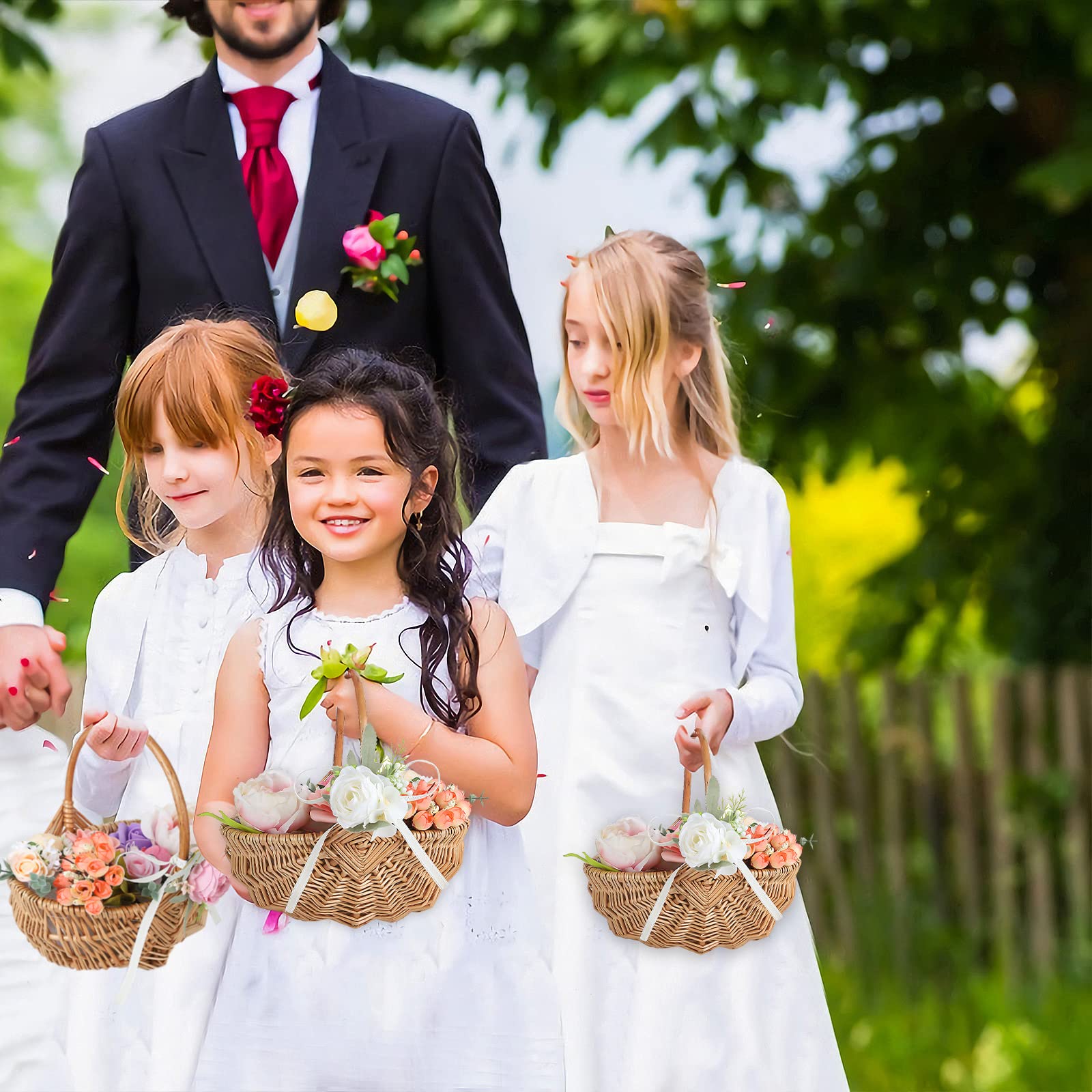 Wnvivi Flower Girl Basket with Handle,Hand-Woven Picking Basket Eggs Storage Basket,Rustic Wedding Petal Wicker Rattan Baskets for Party Event Decor(White)