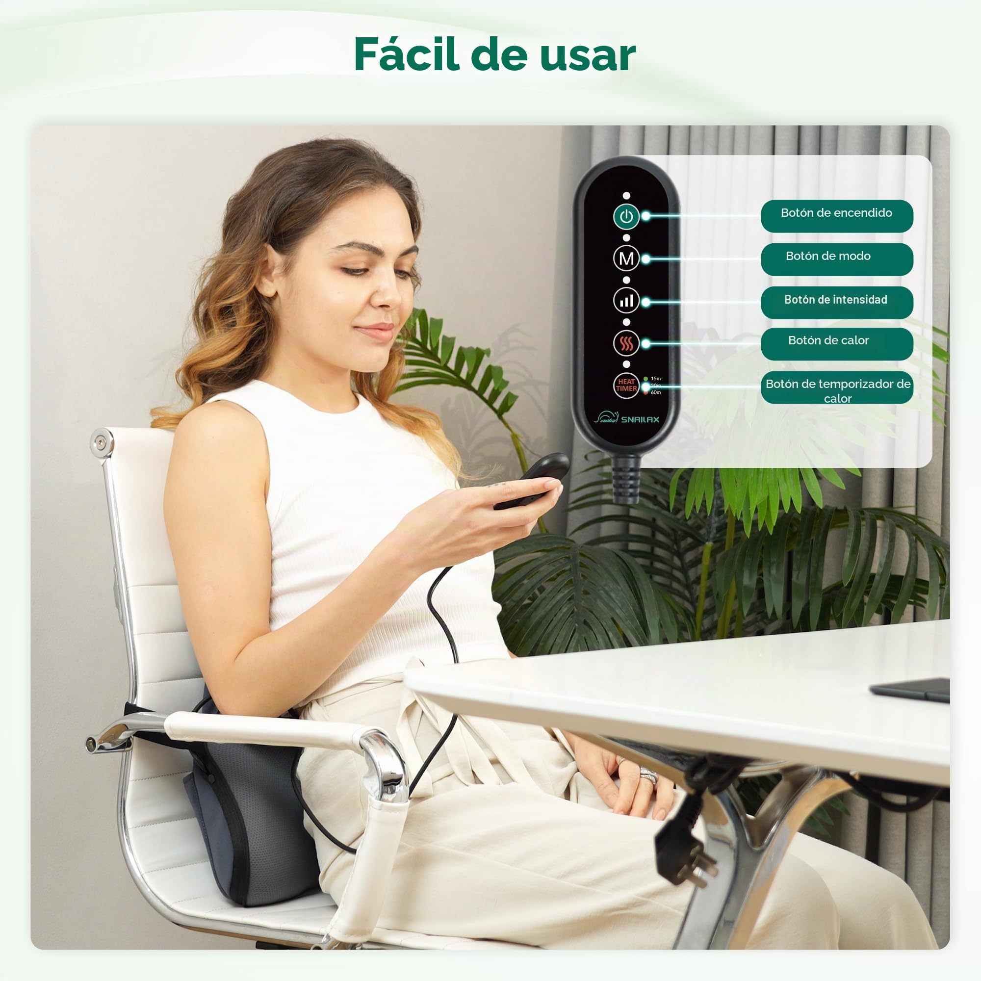 Snailax Cojín lumbar ergonómico con masaje y calor, cojín lumbar shiatsu de espuma viscoelástica, cojín con 3 intensidades de masaje, 2 niveles de calor, 3 temporizadores, cómoda postura