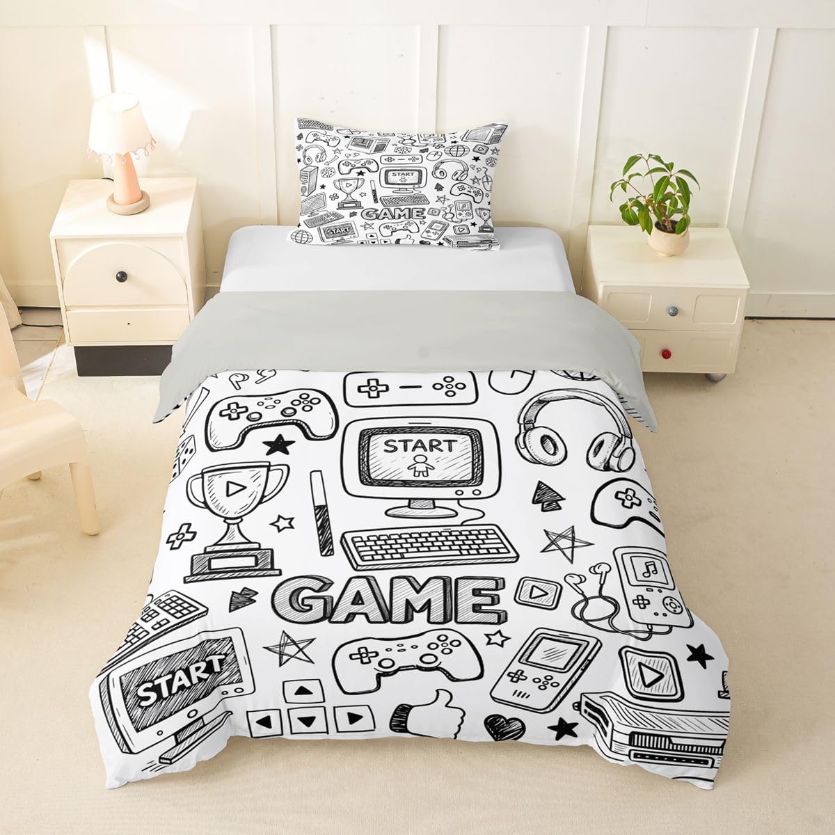 Feelyou Gamer Duvet Cover King Size Boys Girls Gaming Bedding Set Breathable Soft Video Game Comforter Cover 3Pcs Computer Game Bedroom Decor No Comforter Microfiber Zipper Closure