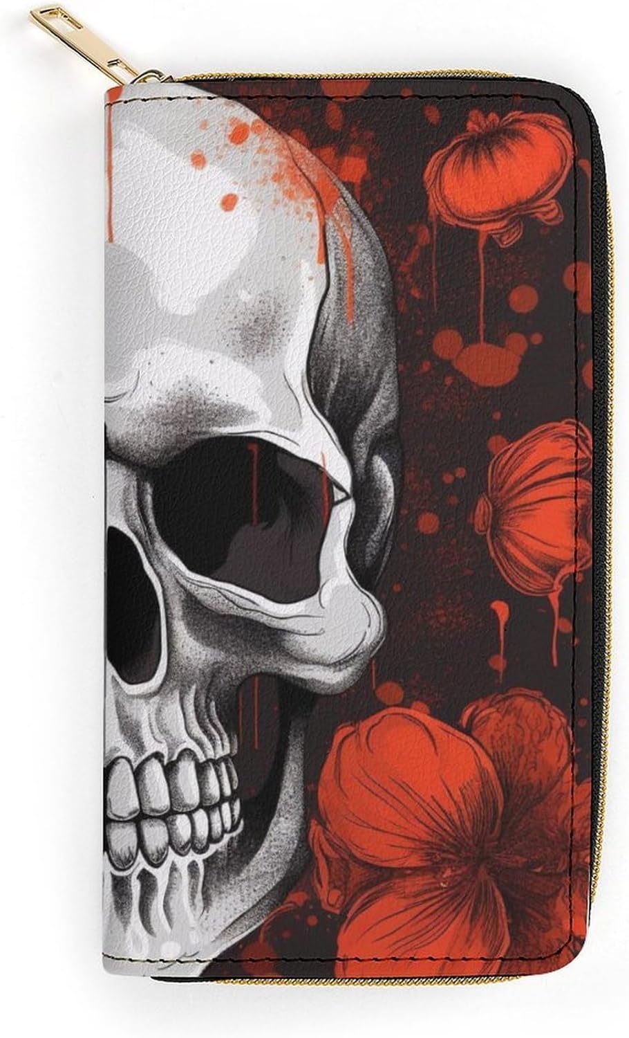 Halloween Skull Print Long Wallet for Women Men PU Leather Card Holder Organizer with Zipper Coin Pocket & Cash Slots