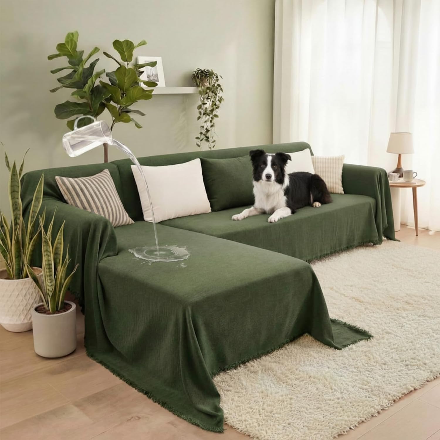 Tegeme Sectional Couch Covers, 2 Pieces Waterproof L Shaped Teddy Fleece Fabric Sofa Slipcovers for Pets Dogs Cat Friendly, Stretch Corner Slipcovers 102"x 71" and 118" x 71"(Green)