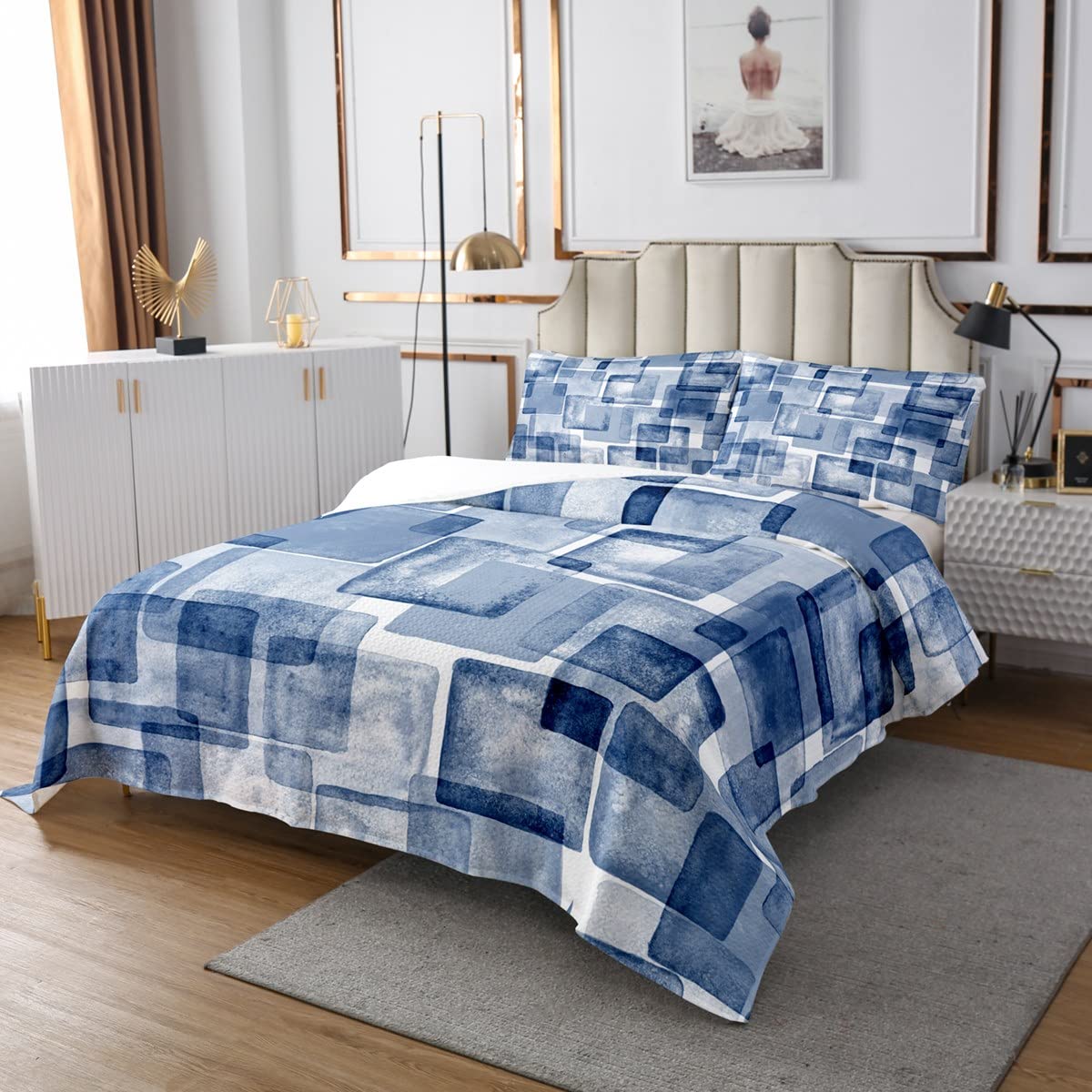 Geometric Squares Patchwork Kids Bedspread Queen Size,Abstract Art Graffiti Style Coverlet Set,Girls Boys Adults Room Decor,Modern Fashion Quilted Coverlet,Blue Gradient Bedding Quilt,2 Pillowcases