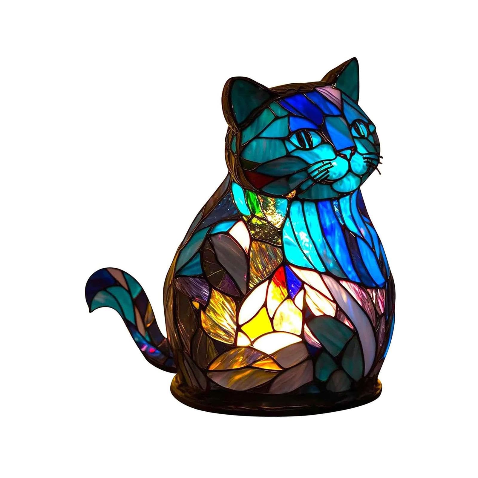 Animal Lamp Stained Resin Light Antique Crafts Bedside Desk Lamp Night Light for Bedside Table Home Study Decor- Cat