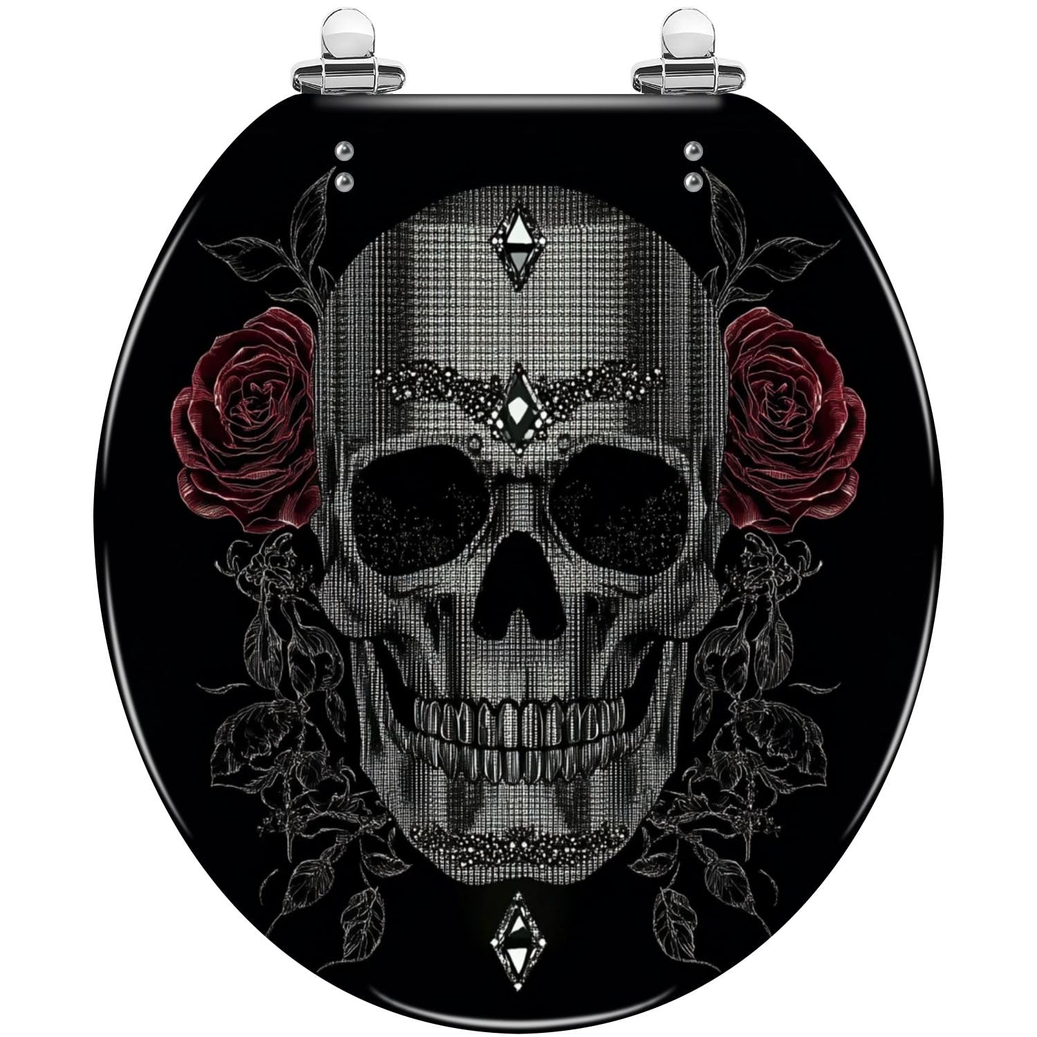 Asiento de inodoro de resina con calaveras y rosas rojas, cierre suave y fácil instalación