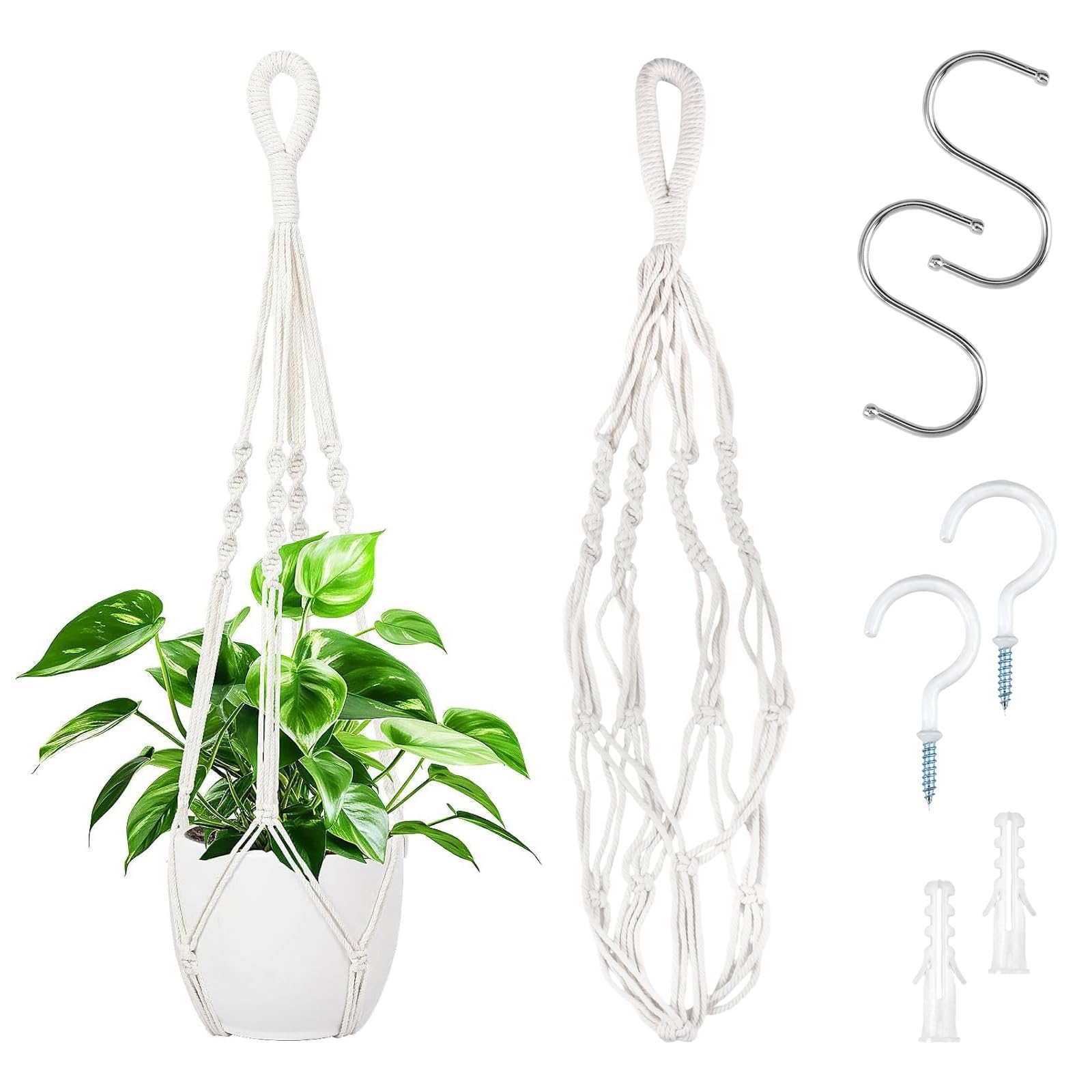 HIKPACKER 2 Pieces 60 cmCotton Rope Macrame Plant Hangers,Indoor Wall Hanging Planter Flower Pot Holder Basket, No Tassels Handmade Woven Boho Plant Hanger with 2 Hooks for Outdoor Garden Home Decor