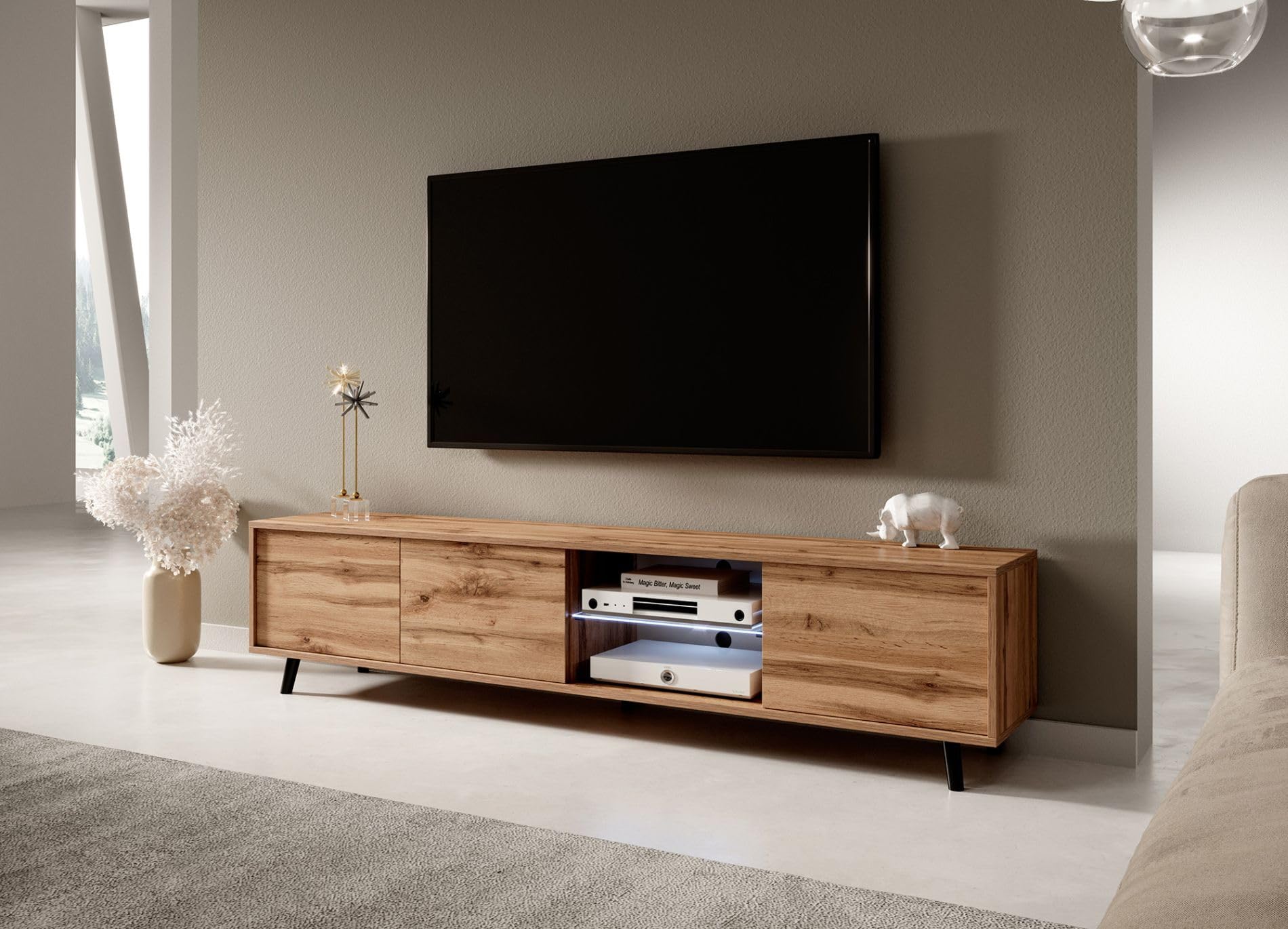 Selsey Galhad - Mueble TV, Roble wotan, iluminación LED a Pilas, 175 cm Ancho