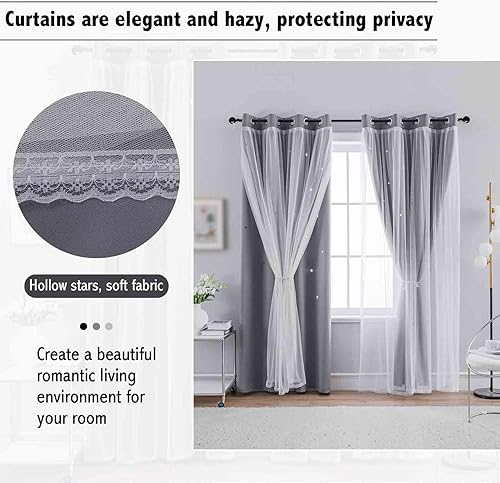 Miniatura 7 de Anytime Cortina romántica para niños, cortina opaca de doble capa con estrellas huecas para habitación de niñas, habitación de los niños, 2 paneles,