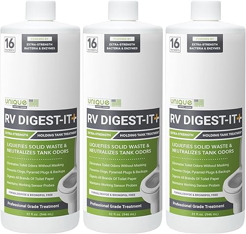 Unique RV Digest-It+, tratamiento de inodoro extra fuerte para autocaravana, licua, desechos y todas las marcas de papel higiénico, eliminador de