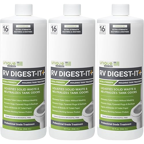Unique RV Digest-It+, Extra-Strength RV Toilet Treatment - Liquifies Waste and All Brands of Toilet Paper - Odor Eliminator 32 oz (3-Pack) Packaging May Vary