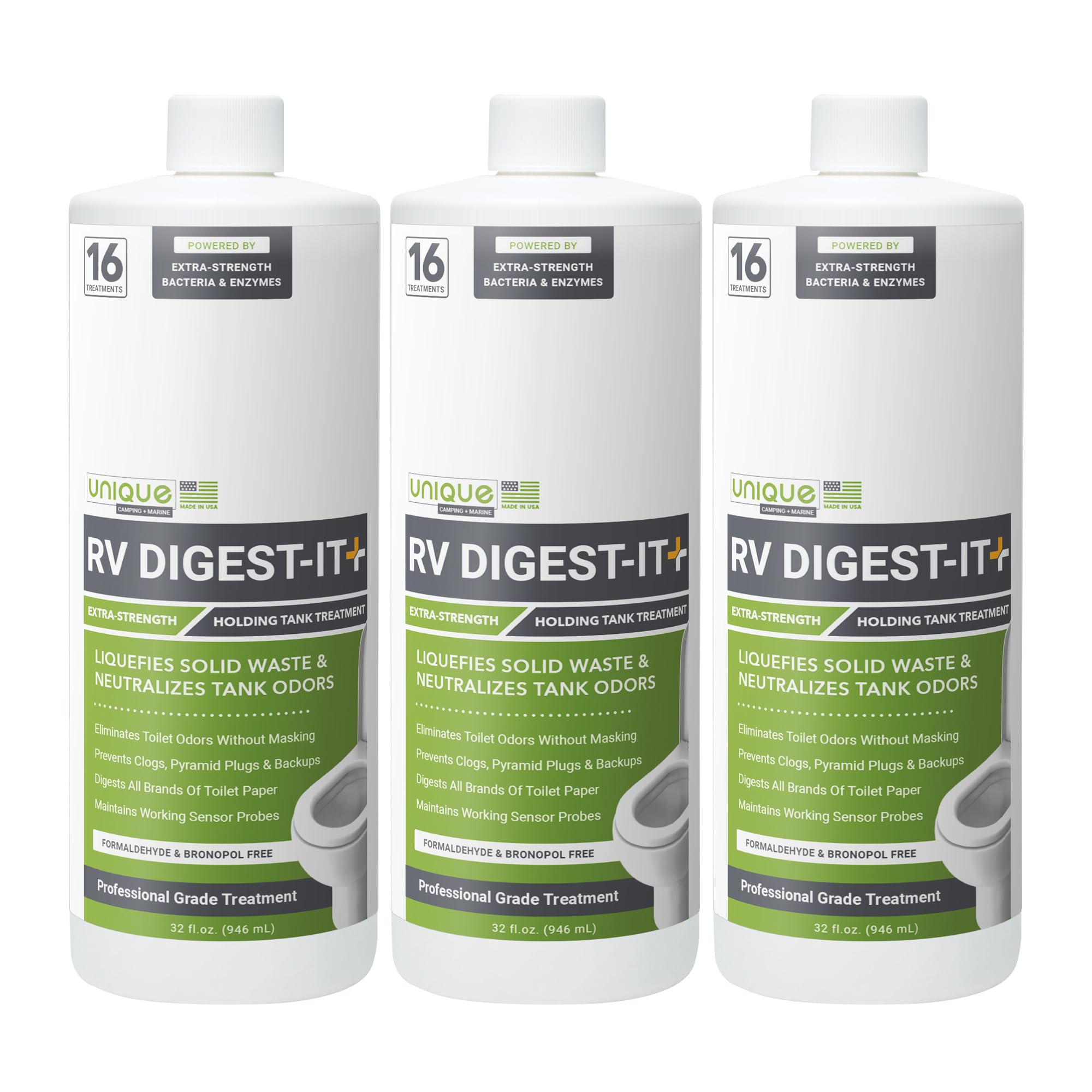 UniqueRV Digest-It+, Extra-Strength RV Toilet Treatment - Liquifies Waste and All Brands of Toilet Paper - Odor Eliminator 32 oz (3-Pack) Packaging May Vary