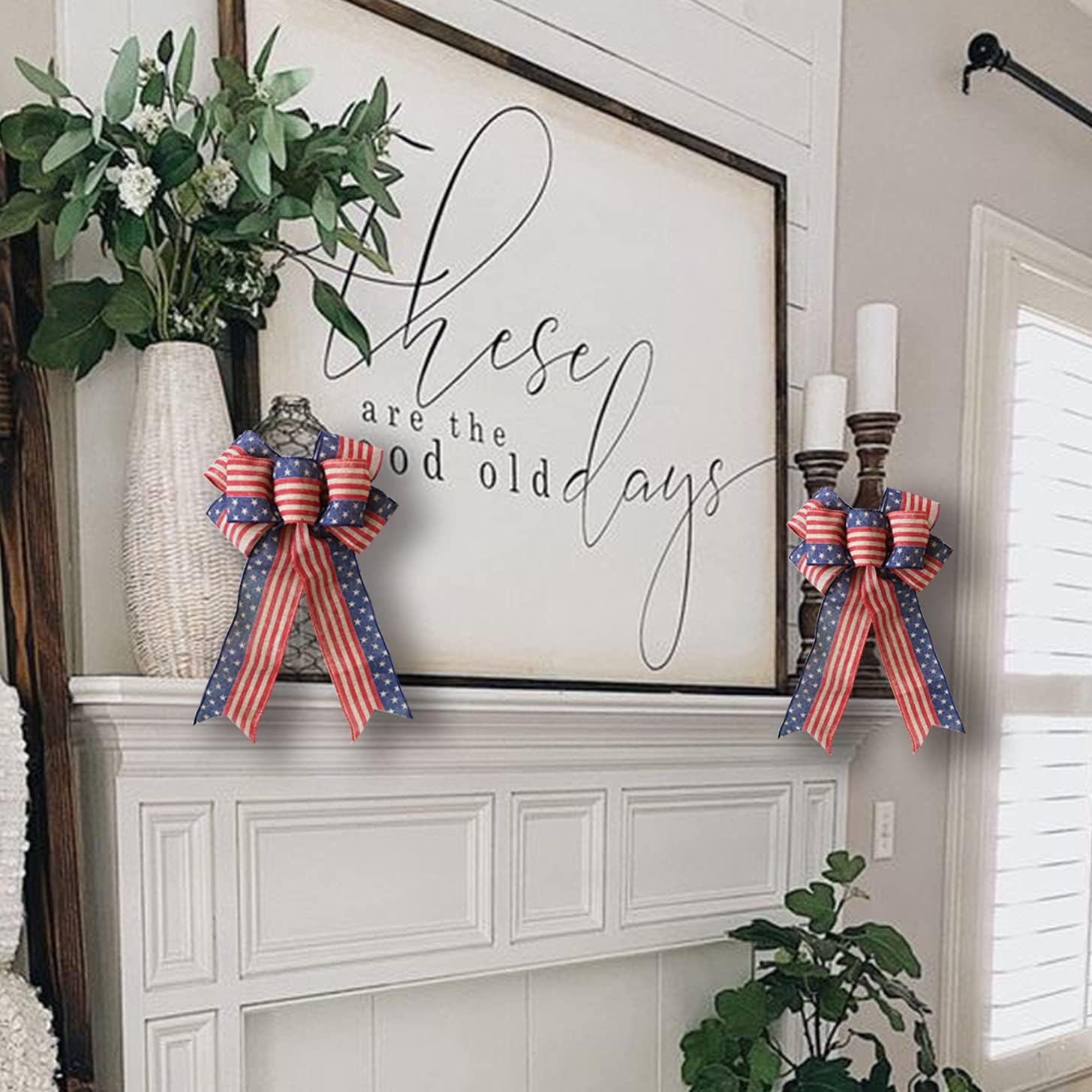 6 pcs Patriotic Bow for Wreath, Bow 4th July Decorations, Memorial Day Red Beige and Blue Star Bow (8x12.5 inches)