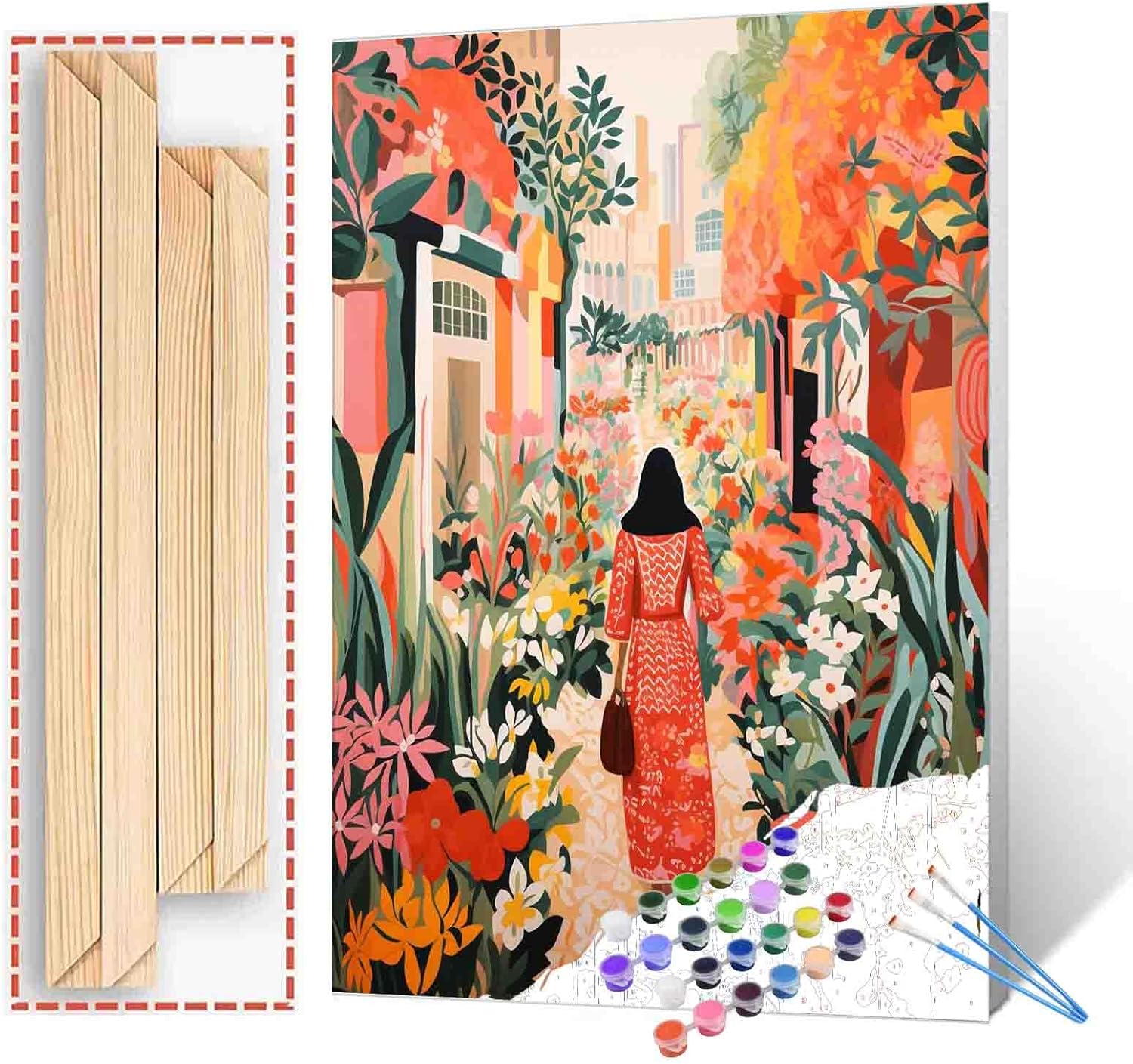 Woman Walking on Flower Street DIY Painting by Numbers for Adults Beginner,Beautiful Fowers Prints Paint by Number on Canvas Easy to Paint for Beginner With Pigment and Brushes With Frame 16''X20''
